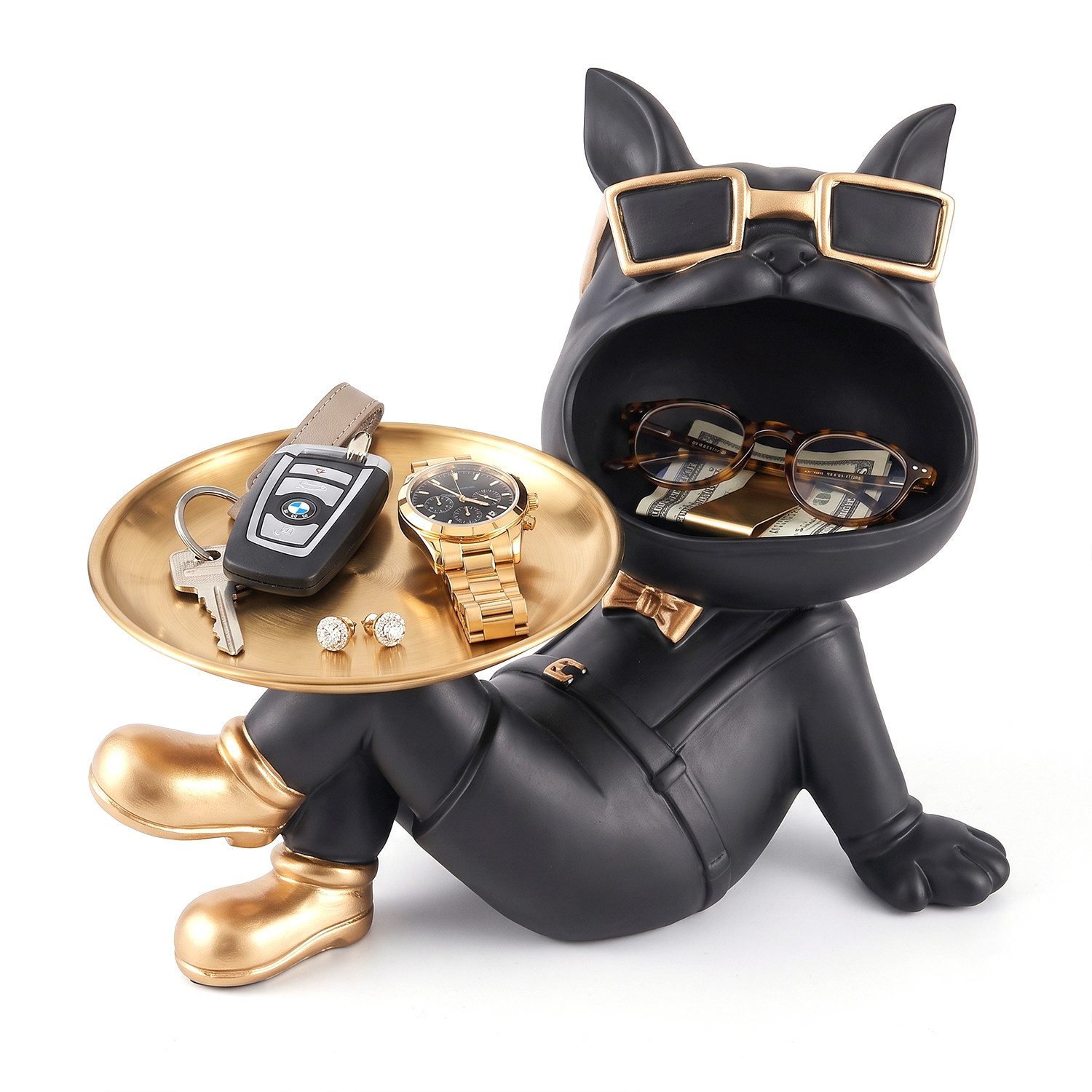 HEYHIPPO Tierfigur Bulldogge Deko Figur mit Tablett–Harz,27,8×16,5×20,5cm,für Schlüssel (Figur Bulldogge – für Kleinutensilien, Wohnzimmerdeko, Geschenk), mit großer Öffnung & Edelstahltablett Ø 14 cm–moderne Flurdekoration