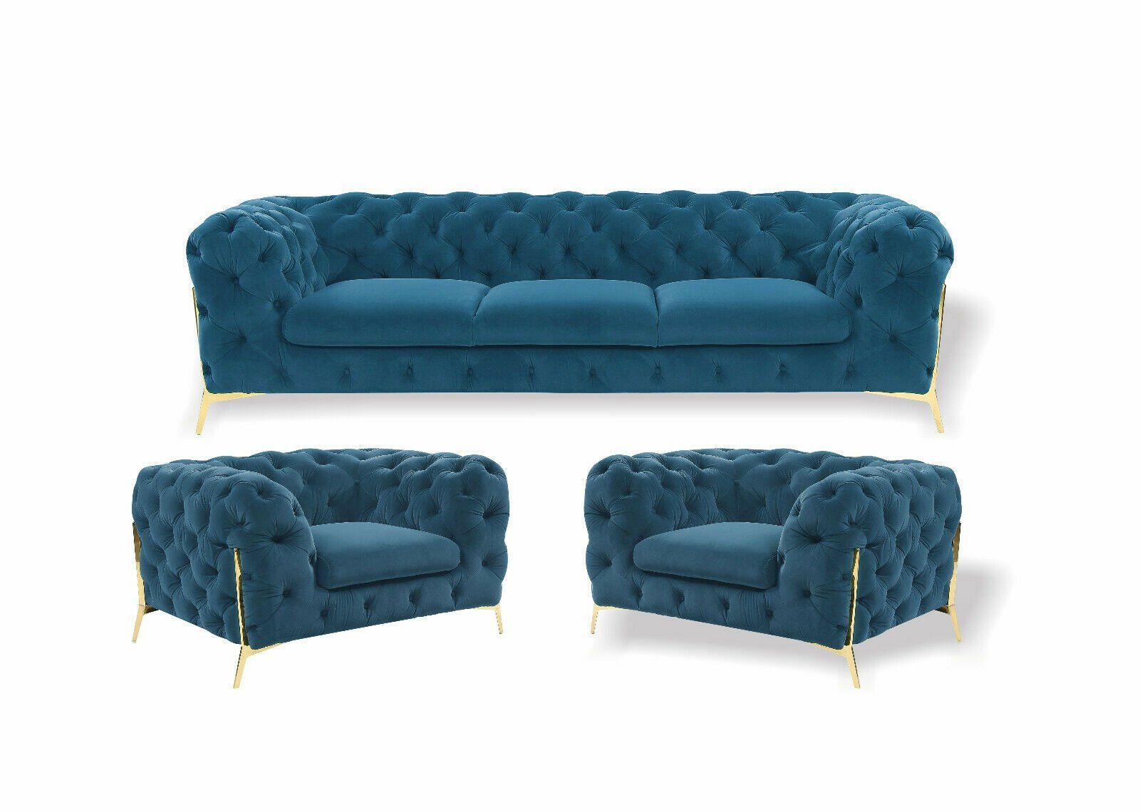 luxus Blau Sofa, Chesterfield Sofa-Set 3+1+1 JVmoebel