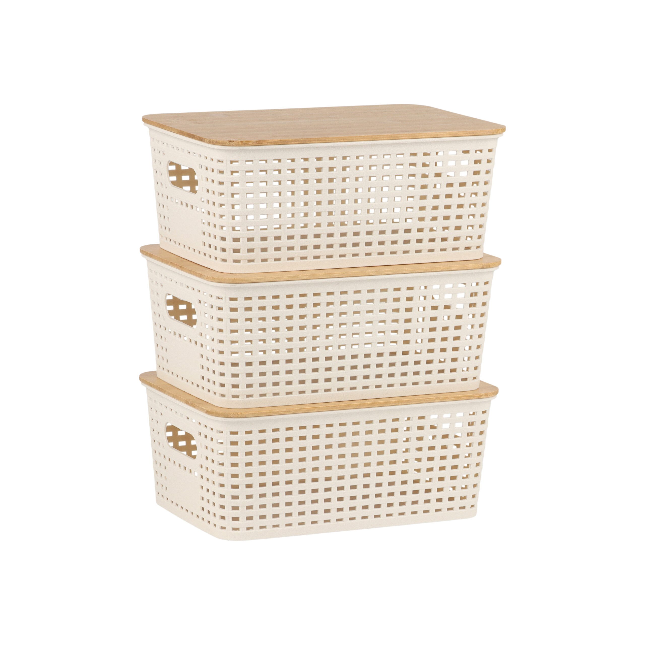 relaxdays Aufbewahrungsbox mit Bambusdeckel im Set (3 St), weiß, 3er-Pack
