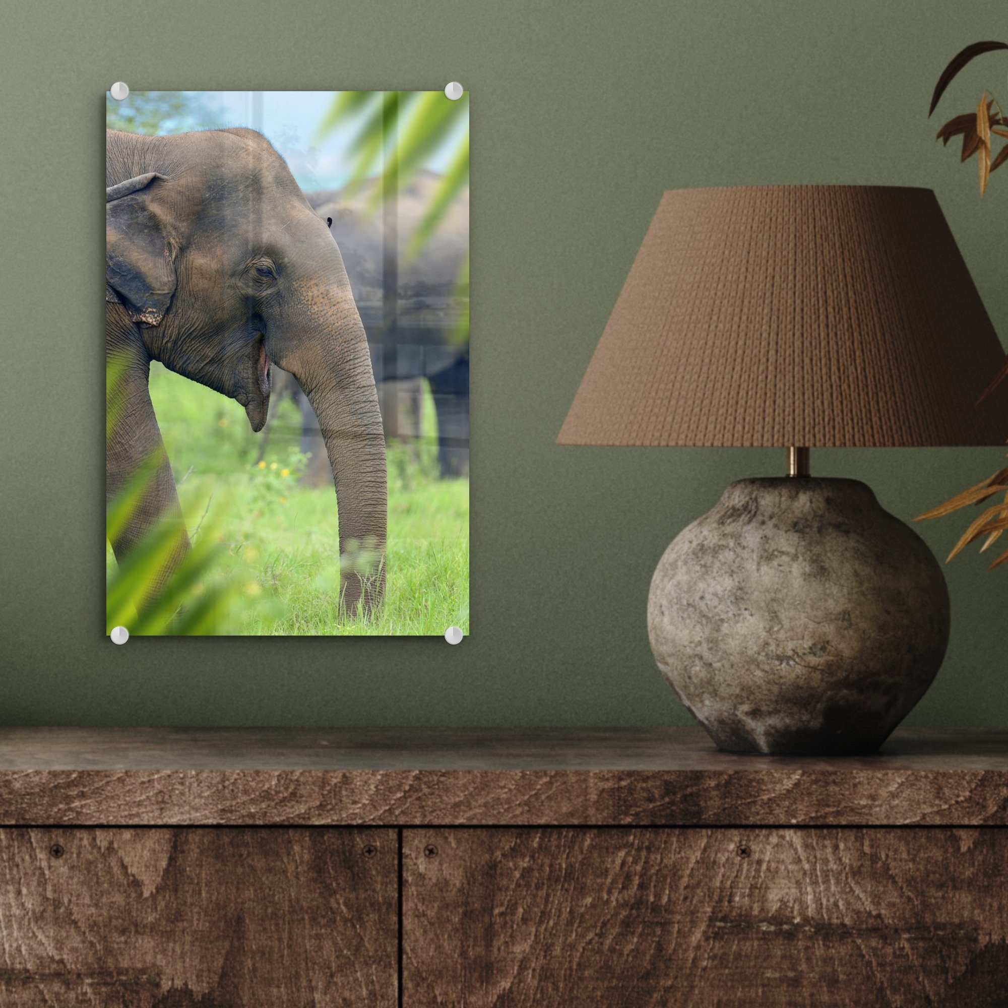 - Wanddekoration - - Glasbilder auf Palme Glas auf - MuchoWow Glas Tiere, Acrylglasbild Wandbild (1 Bilder - St), Foto Elefant