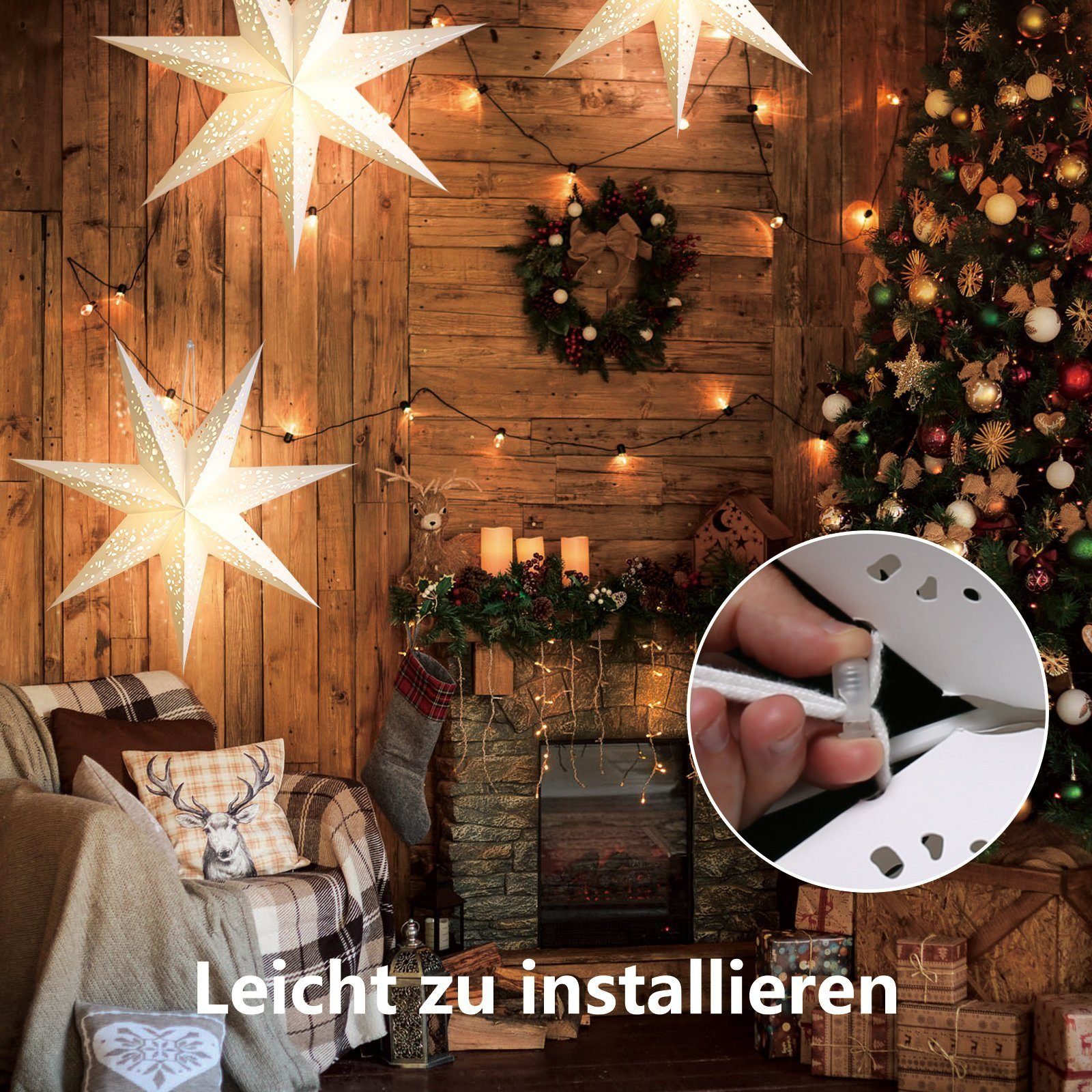Quntis LED Stern weihnachtsstern beleuchtet, 70CM weihnachtsstern papier, Fensterbilder, Weihnachtsdekoration, Beleuchtung, LED, Warmweiß, lichterkette für Inne – Bild 4 von 5
