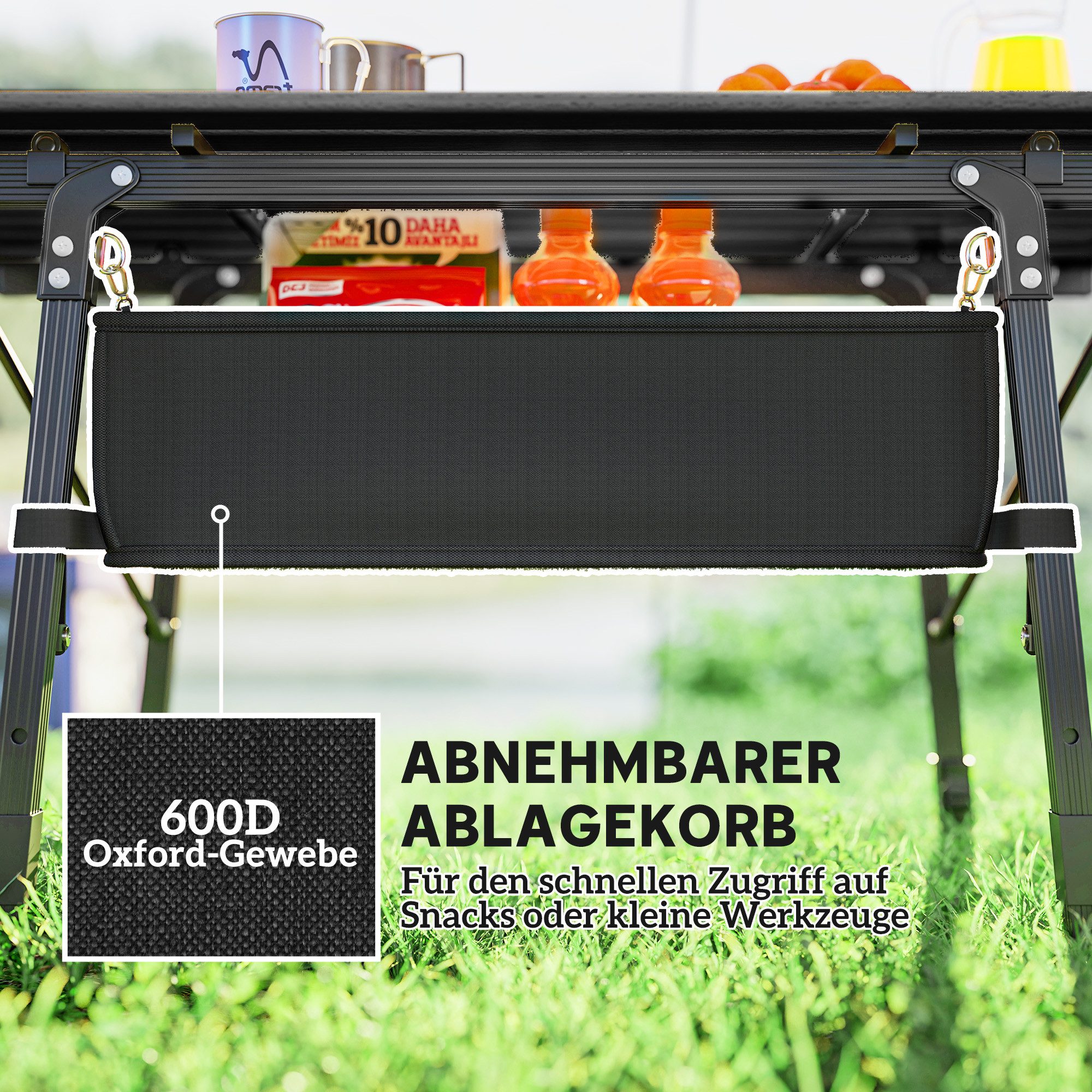 CHICFURN Gartentisch Campingtisch aus Aluminium, Klappbar und Höhenverstellbar (Packung, 1-St., Mit Aufbewahrungskorb und Tragetasche, Schwarz), Für Camping, Picknick, Grillen und Gartenpartys geeignet