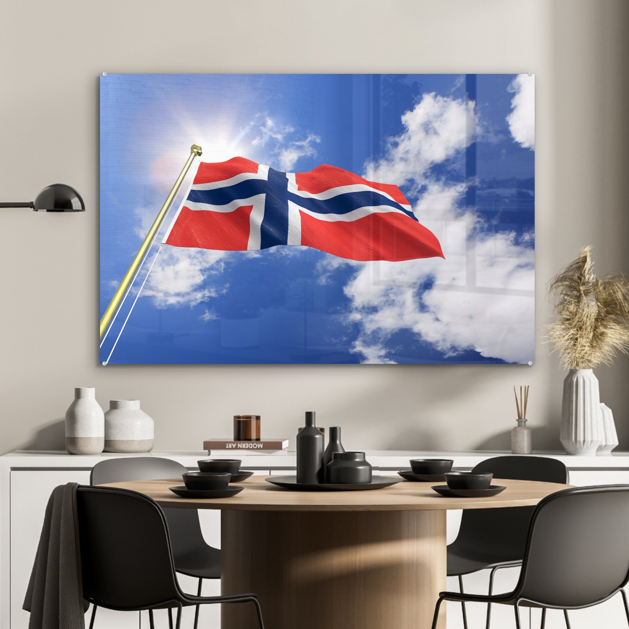 St), Schlafzimmer (1 von MuchoWow & Wohnzimmer Norwegen Acrylglasbild Acrylglasbilder mit Flagge Himmel, blauem