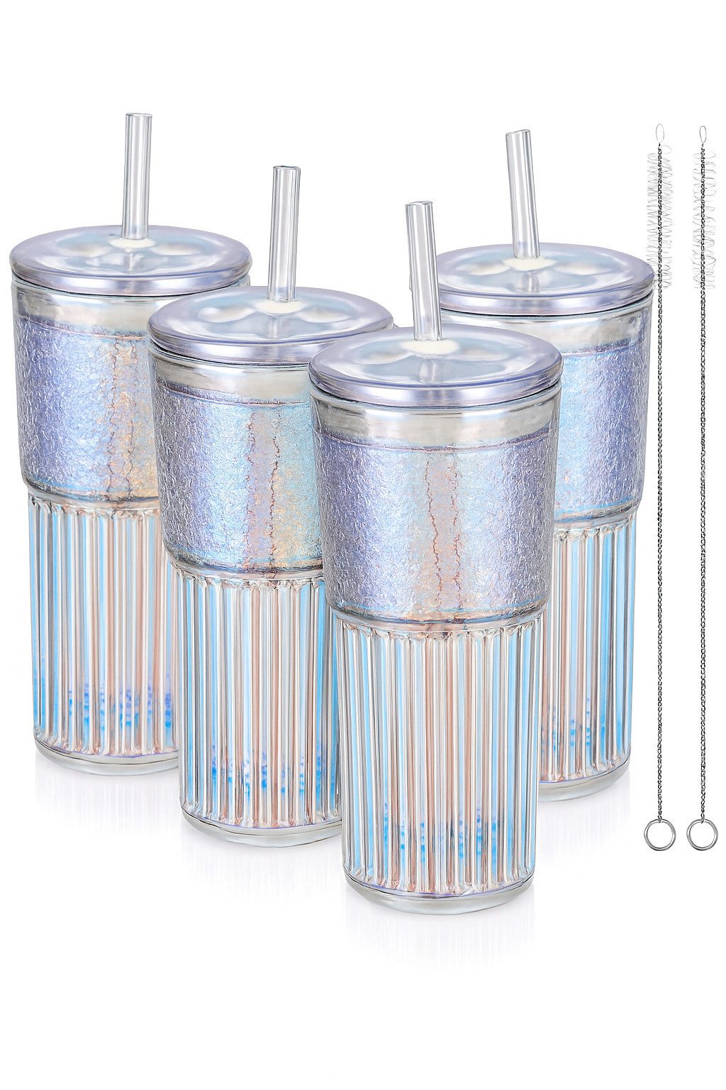 Bossjoy Cocktailglas 4er Trinkbecher Set 650ml mit Deckel & Strohhalm Eiskaffee Smoothie, Glas, hitze- und kältebeständig, spülmaschinengeeignet