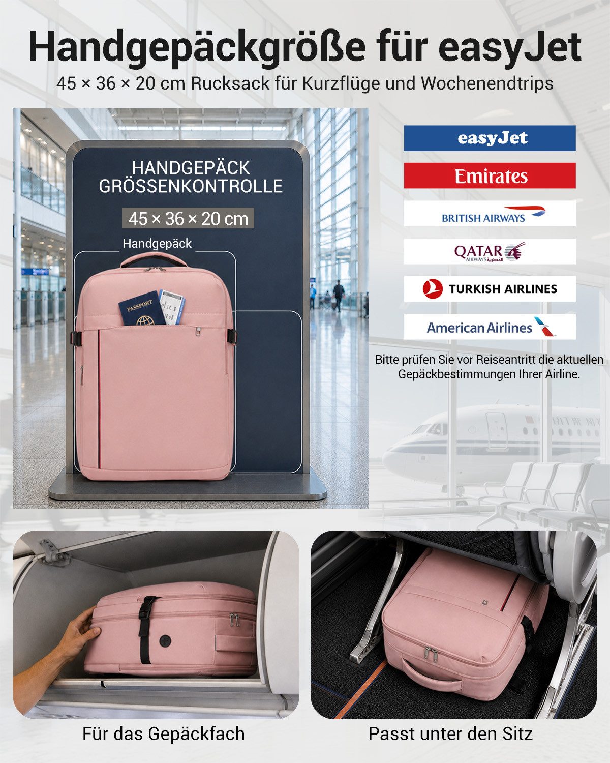 KONO Rucksack Kabinentasche für Ryanair – Handgepäck-Rucksack, 40x30x20 cm, 25 Liter