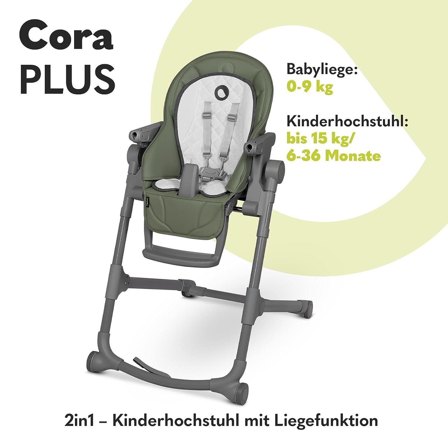 lionelo Hochstuhl Cora Plus Sichere 3 Liegefunktion, 2-IN-1 Jahre Fütterungsstuhl mit bis Robuste Konstruktion, Grun (Set), STUHL: und