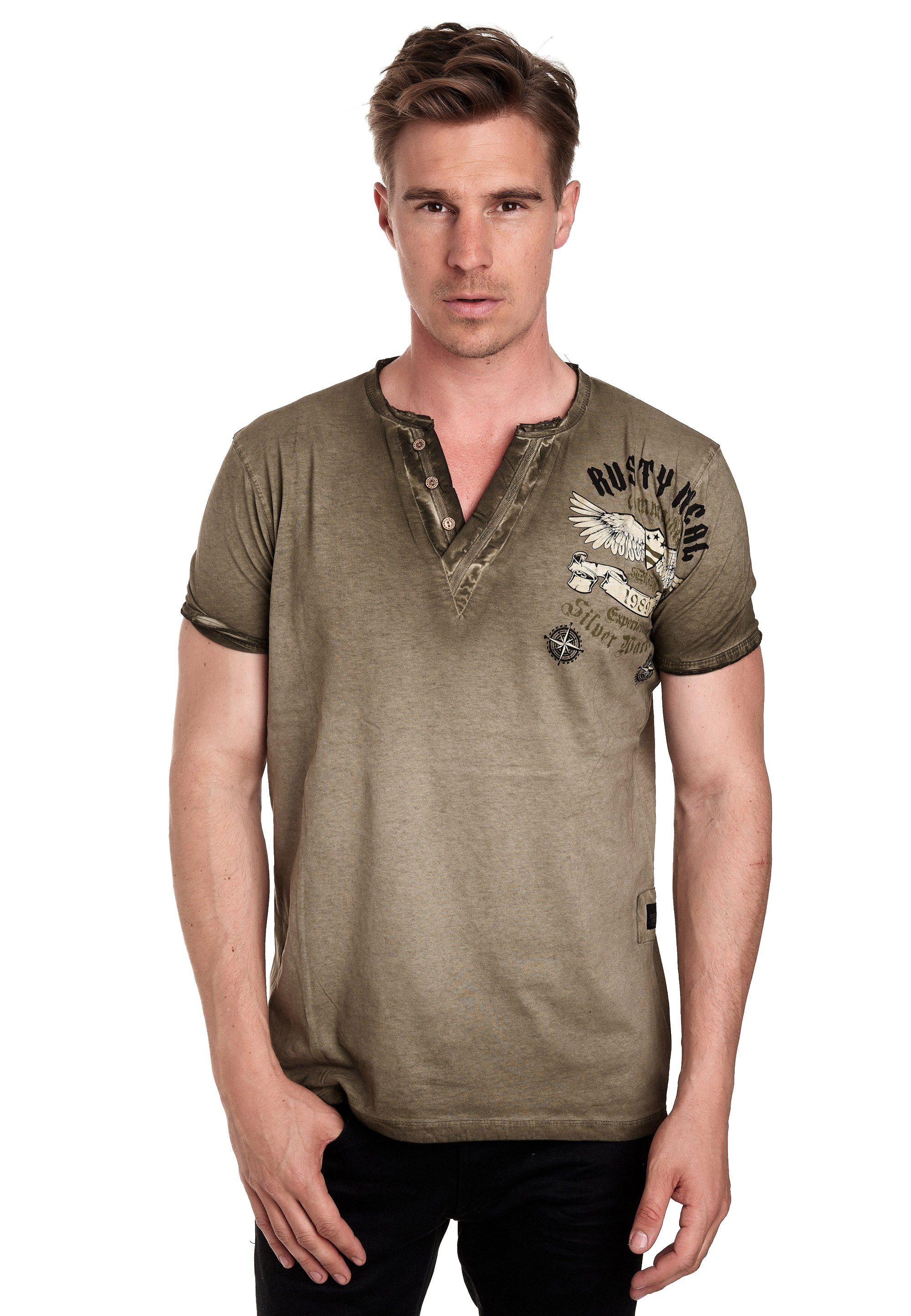 Rusty Neal T-Shirt mit modischer Knopfleiste khaki