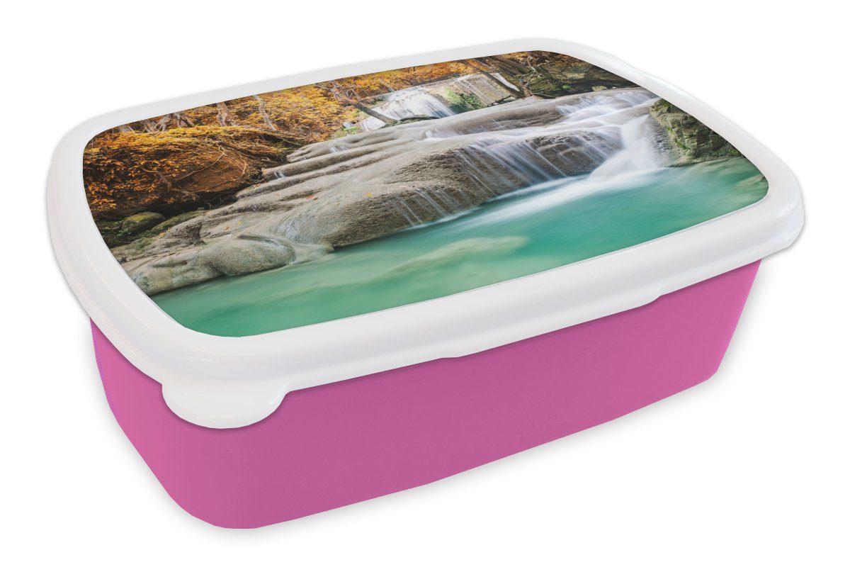MuchoWow Lunchbox Wald - Wasserfall - Herbst, Kunststoff, (2-tlg), Brotbox für Erwachsene, Brotdose Kinder, Snackbox, Mädchen, Kunststoff rosa