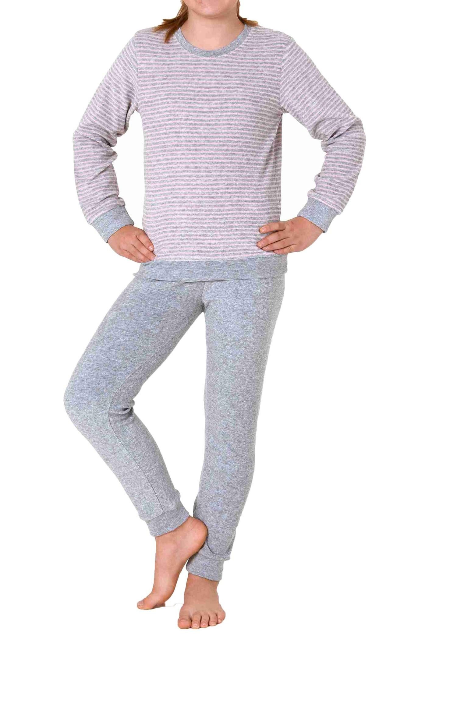 Normann Pyjama Mädchen Frottee Pyjama lang mit Bündchen Schlafanzug mit Herz Motiv