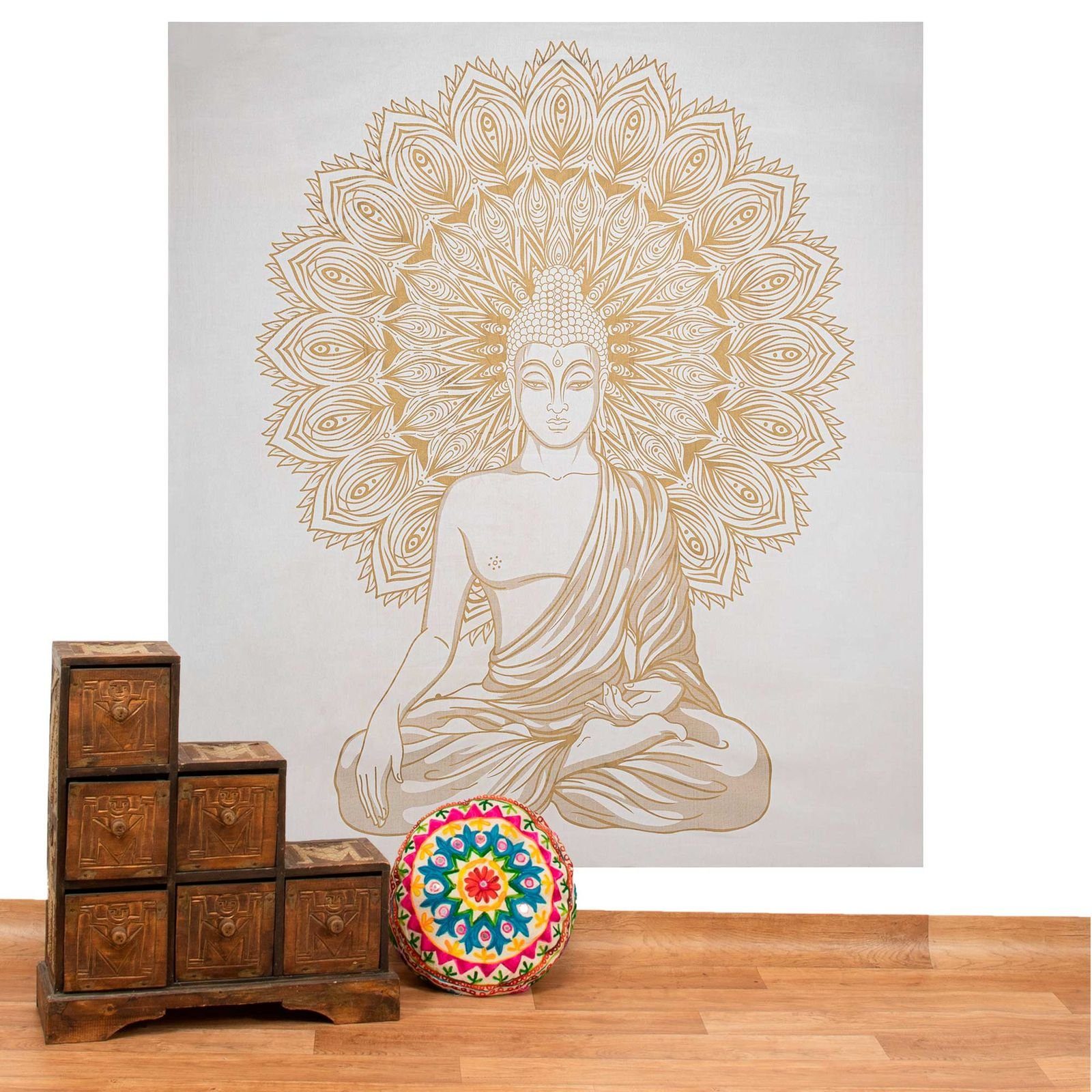 Wandteppich Tagesdecke Wandbehang Deko Tuch Buddha Meditation Gold ca. 200 x 230cm, KUNST UND MAGIE