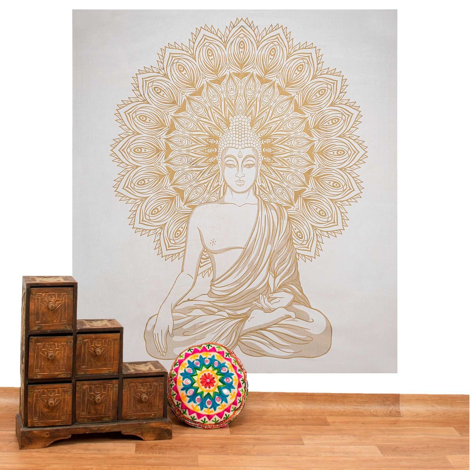 KUNST UND MAGIE Wandteppich Tagesdecke Wandbehang Deko Tuch Buddha Meditation Gold ca. 200 x 230cm