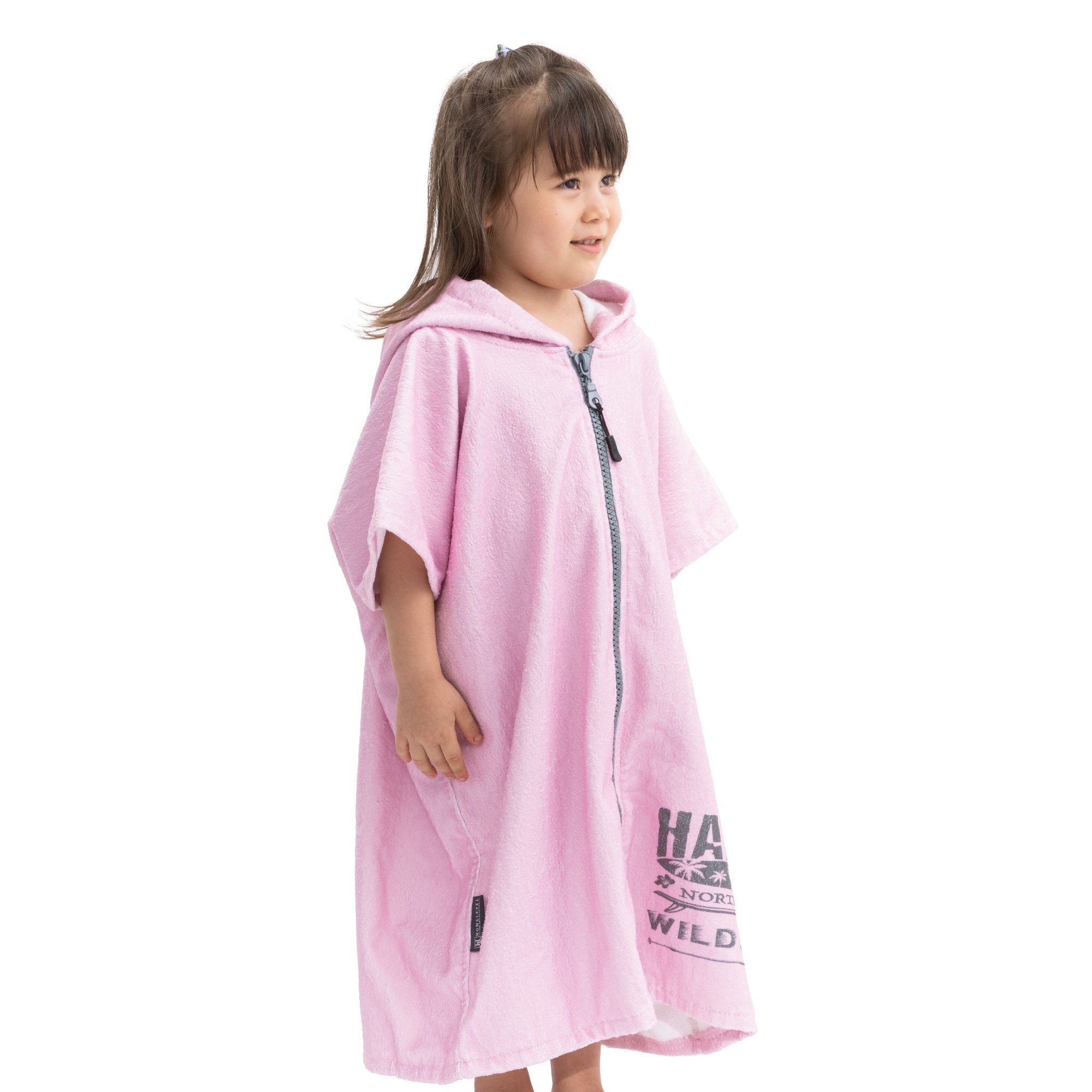 für Badeponcho Frottee HOMELEVEL - Baumwolle Handtuch Reißverschluss mit Altrosa Poncho Mädchen, Bademantel
