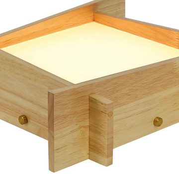ZMH LED Deckenleuchte Wohnzimmer Holz Glas Quadratisch Eckig für Schalfzimmer, LED fest integriert, Warmweiß