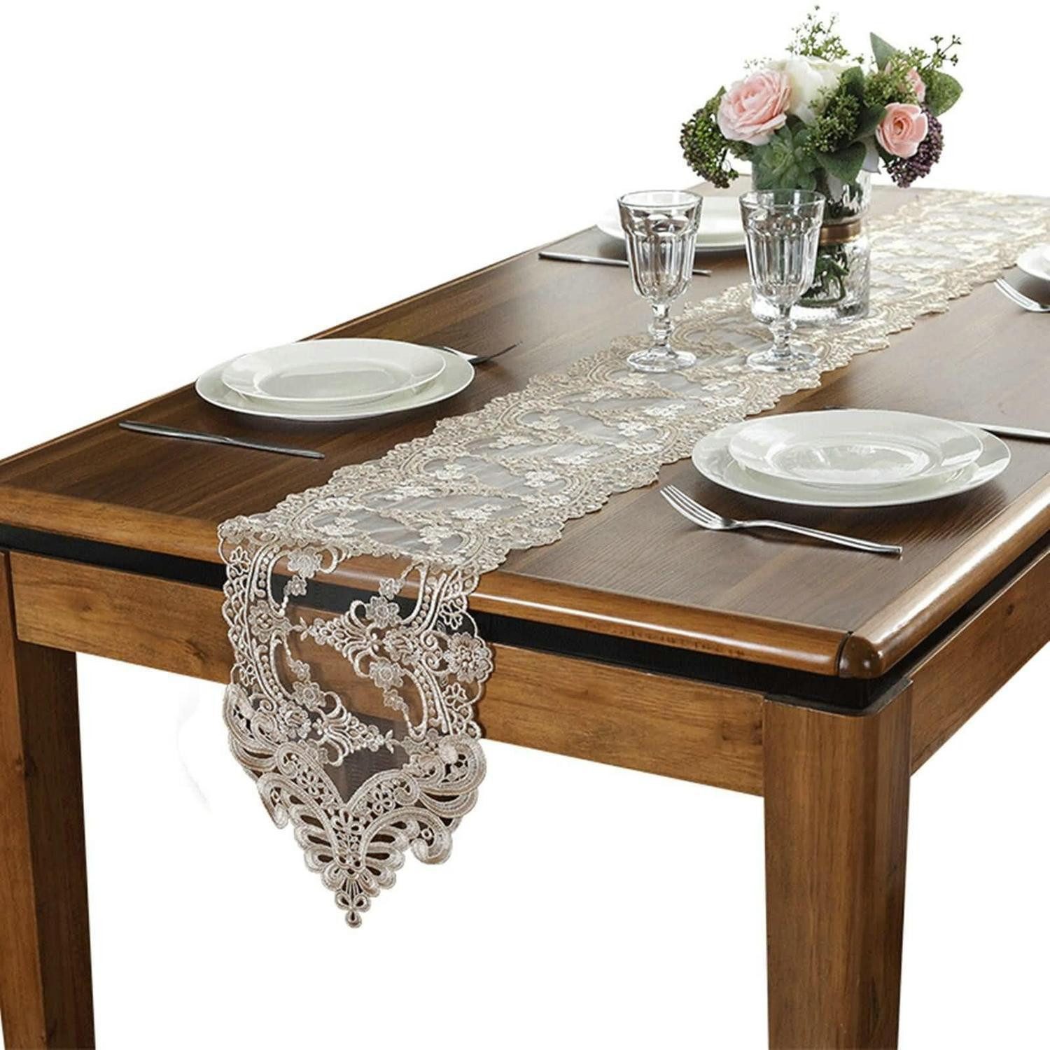 LuxusKollektion Tischläufer Tischläufer Champagner Blumenmuster Spitze 26x120cm (1-tlg)
