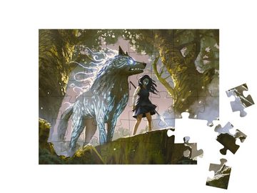 puzzleYOU Puzzle Wildes Mädchen steht mit ihrem Wolf im Wald, 48 Puzzleteile, puzzleYOU-Kollektionen Fantasy, Illustrationen