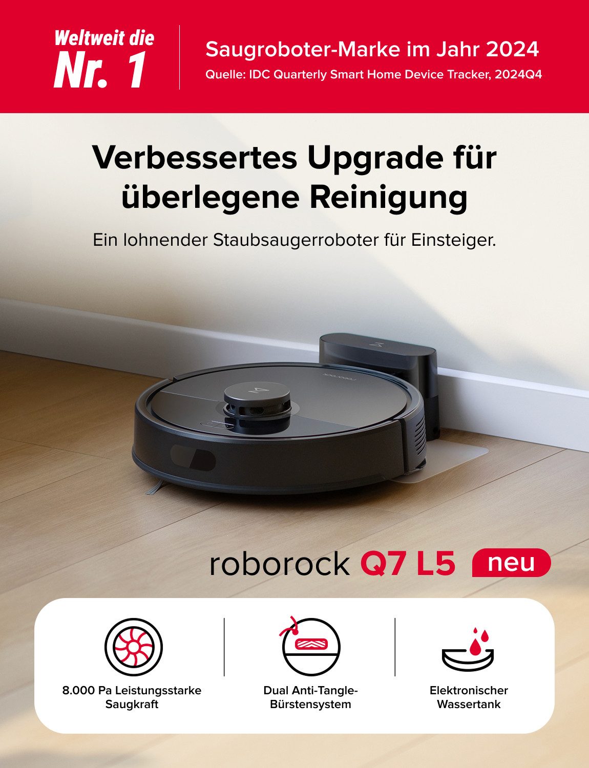 Roborock Saugroboter Q7 L5/Q7 M5,8000 Pa/10000Pa(Upgrade von Q5 Pro), Einstiegsleistung, Perfekt für Haustierbesitzer, Dual Anti-Tangle System,Präzise Navigation, App-Steuerung