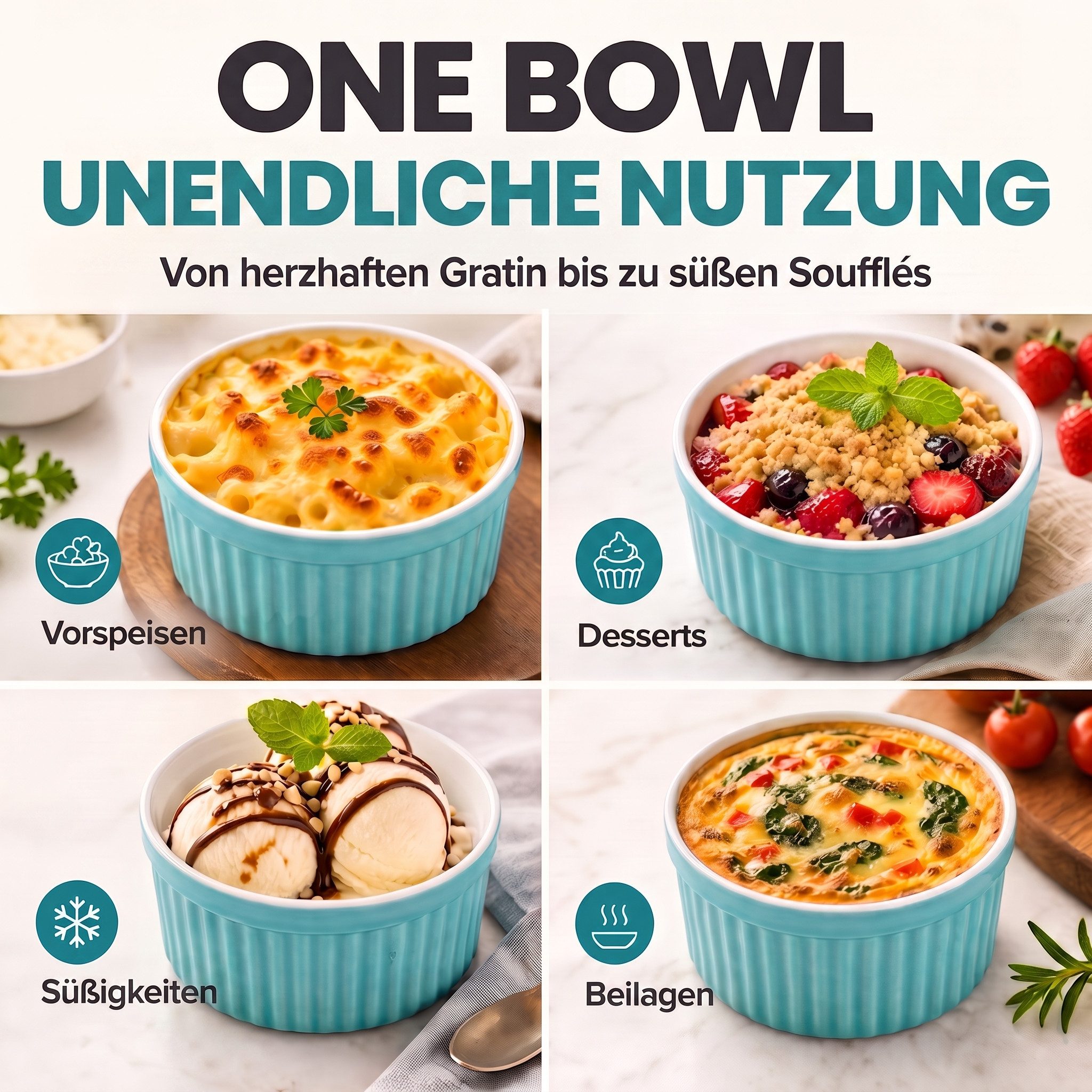 Dimono Dessertschale DIMONO Crème-Brûlée & Soufflé Förmchen – 8er Keramik Dessert Set, Keramik, (Schälchen mit 170 ml, 8-tlg), Schalen