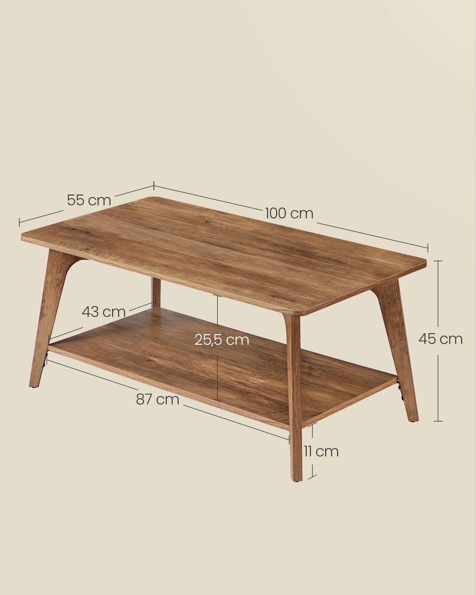 VASAGLE Couchtisch Wohnzimmertisch mit 2 Ebenen, mit Ablage, für Wohnzimmer, konische Beine, angerundete Ecken, 55 x 100 x 45 cm, einfache Montage