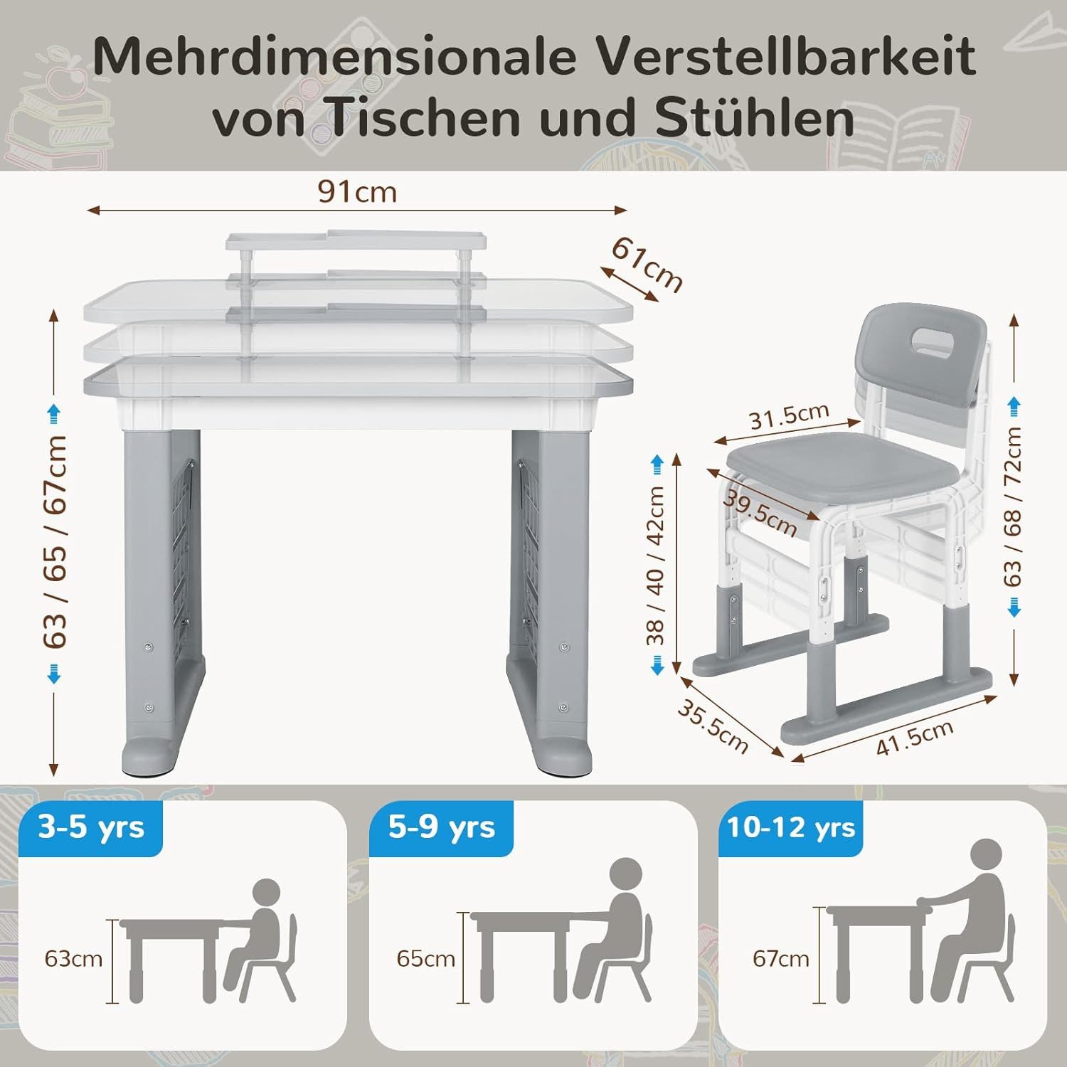 TLGREEN Kinderschreibtisch mit Stuhl Set Höhenverstellbarer (Kinderaußenhocker innen/außen nutzbar, Graffiti-Tisch 3-12 Jahre, mit Seiten-Bücherregal & Ablagekasten), Stabiler Kinderlernplatz für Kinderzimmer/Garten/Arbeitszimmer