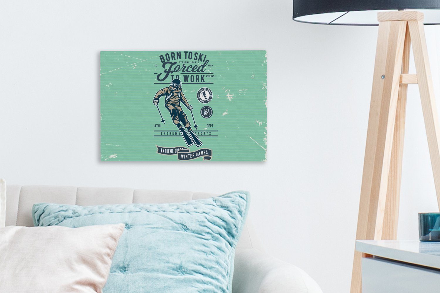 Wanddeko, Skianzug - - Grün, 30x20 St), OneMillionCanvasses® Leinwandbilder, Wandbild Aufhängefertig, Leinwandbild Retro (1 cm