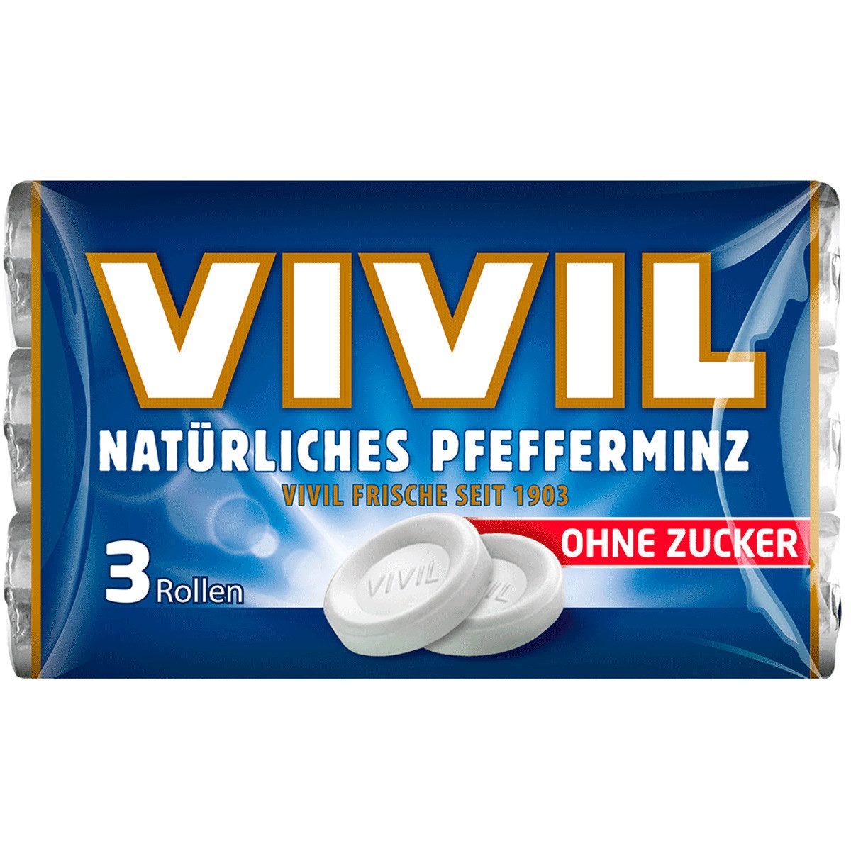 VIVIL Süßigkeit, Vivil Pastillen mit natürlichem Pfefferminz 3 Rollen zuckerfrei 84g