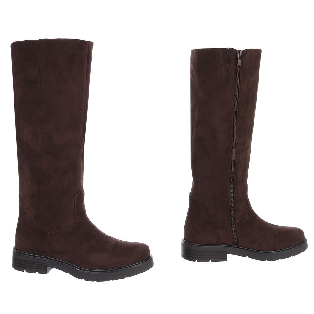 Ital-Design Damen Langschaftstiefel mit Reißverschluss und Profilsohle Stiefel (92299625) Blockabsatz Flache Stiefel in Braun – Bild 4 von 5