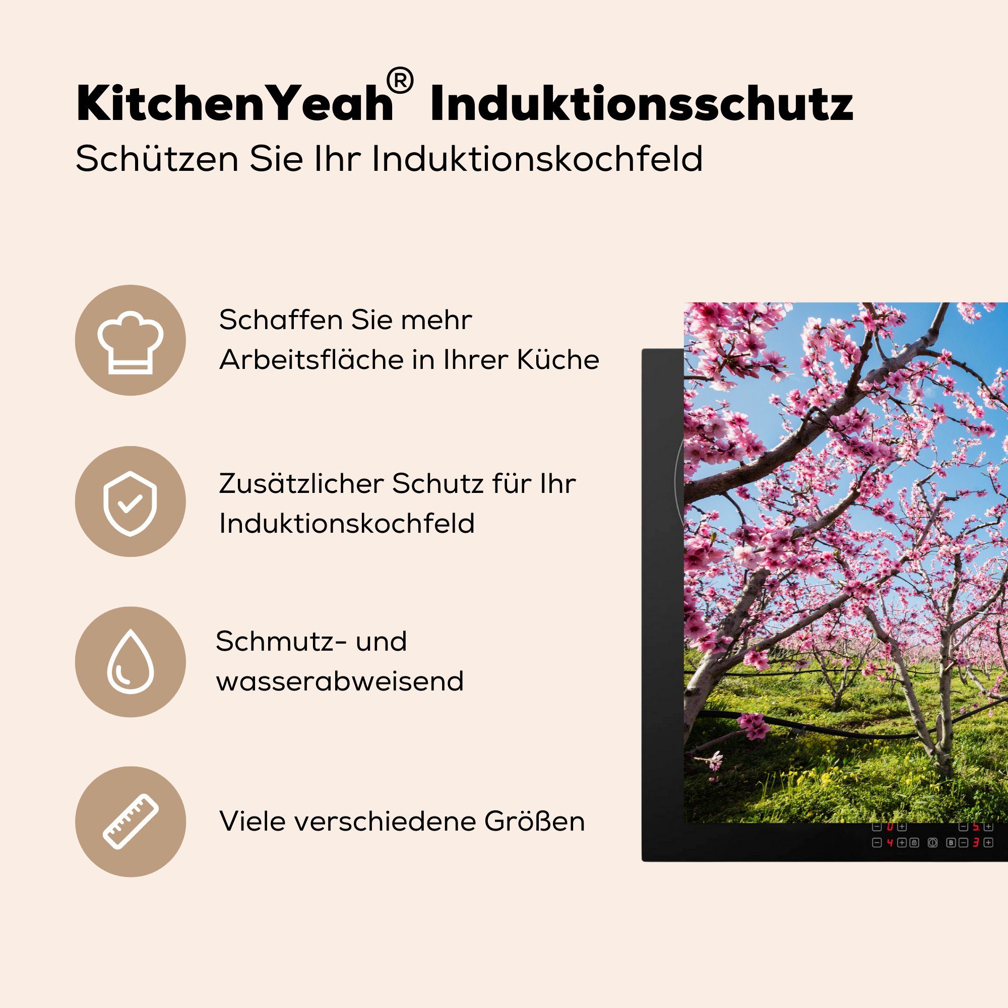 MuchoWow Herdblende-/Abdeckplatte Obstbäume Blüte, tlg), küche, für - Schutz Vinyl, cm, Induktionskochfeld die 81x52 (1 Ceranfeldabdeckung Kirsche 
