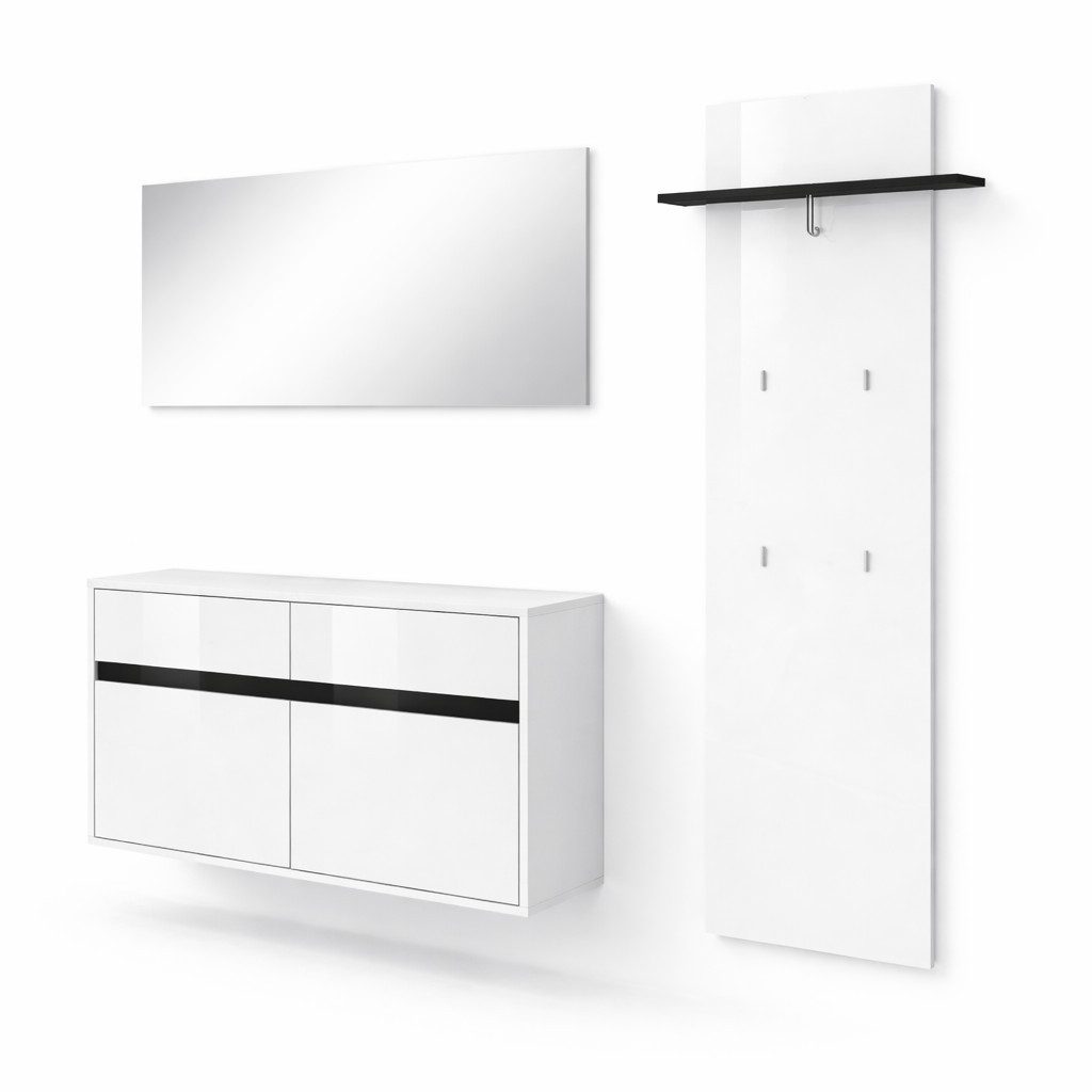 OTTO home Garderoben-Set Locco Flurmöbel, Dielenmöbel, Flurschrank, Flurgarderobe B: ca 150 cm, (3-St), UV-lackiert, Weiß Hochglanz, platz für ca. 12 Paar Schuhe