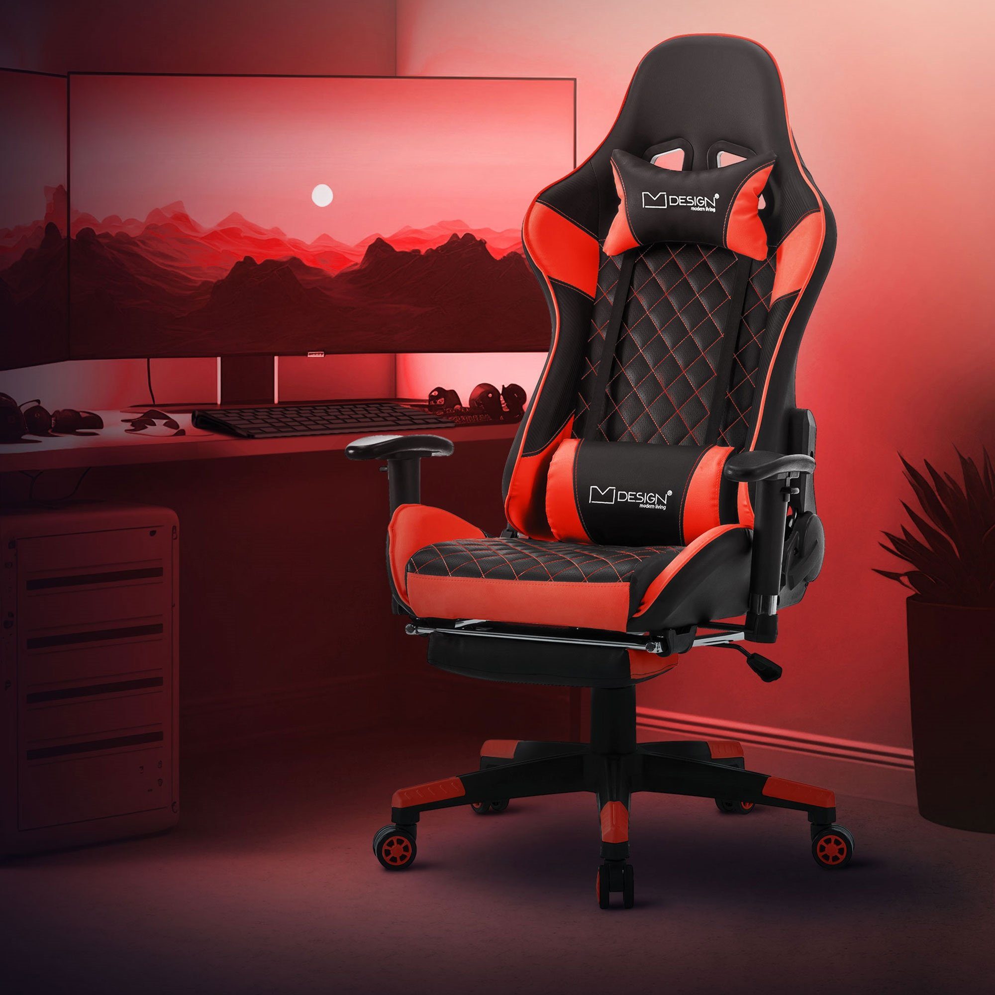ML-DESIGN Gaming-Stuhl Gaming Stuhl mit Fußstütze Ergonomischer Bürostuhl mit Armlehne, aus Kunstleder, Kopfstütze, Lendenkissen, Drehstuhl verstellbar Schwarz, Rot