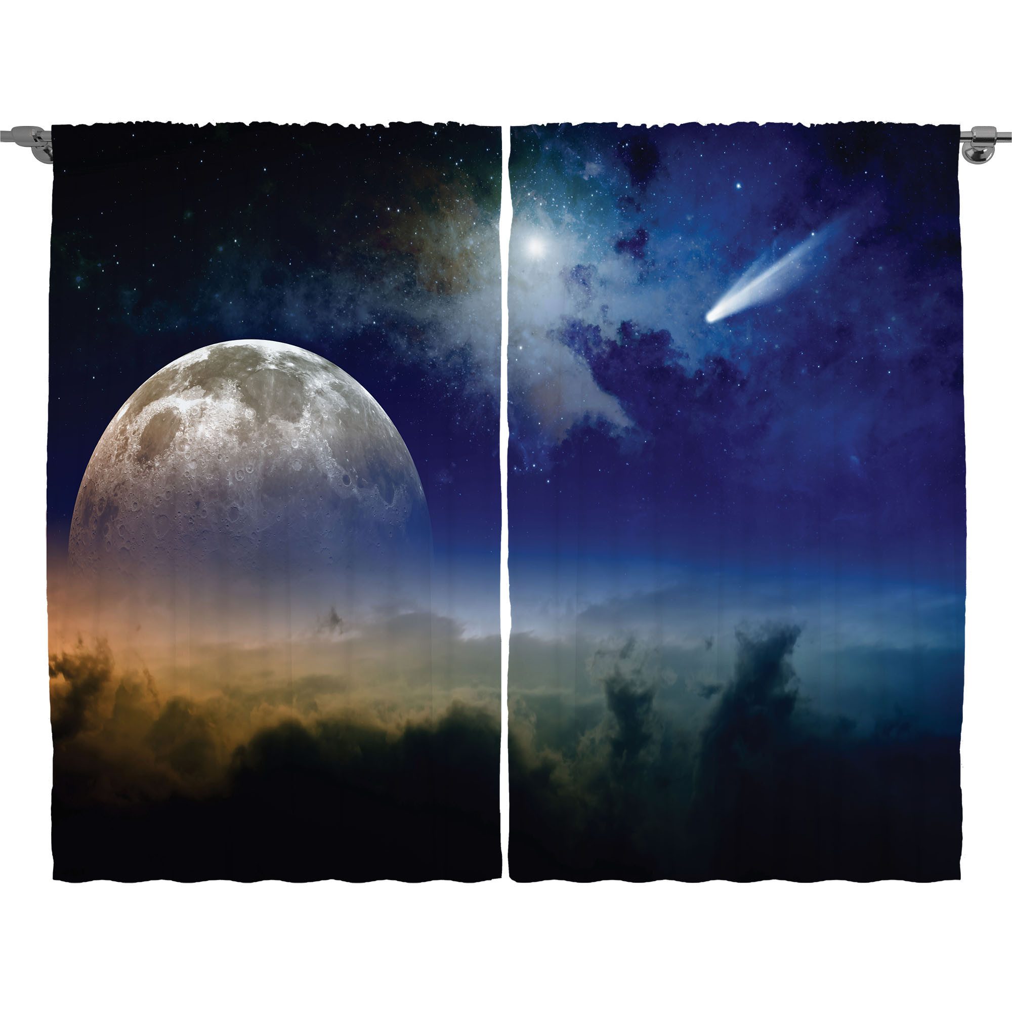 Abakuhaus Gardine Schlafzimmer Kräuselband Vorhang mit Schlaufen und Haken, Weltraum Wolken Vollmond