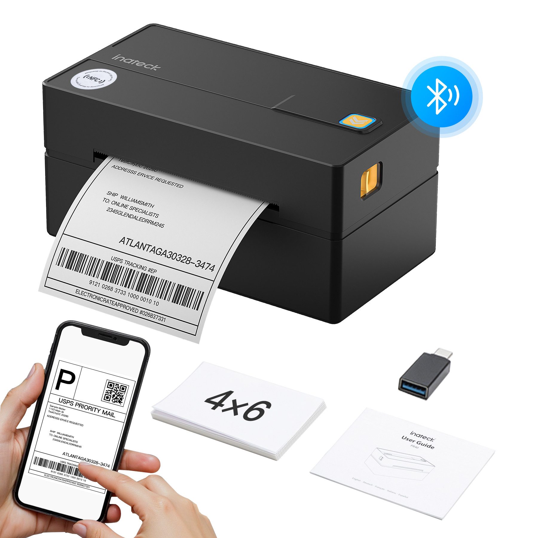 Inateck Bluetooth Thermo-Etikettendrucker, 4x6 Versandetikettendrucker Etikettendrucker, (Kompatibel mit iPhone, Android, iPad, Windows, MacOS, Chrome, USPS)