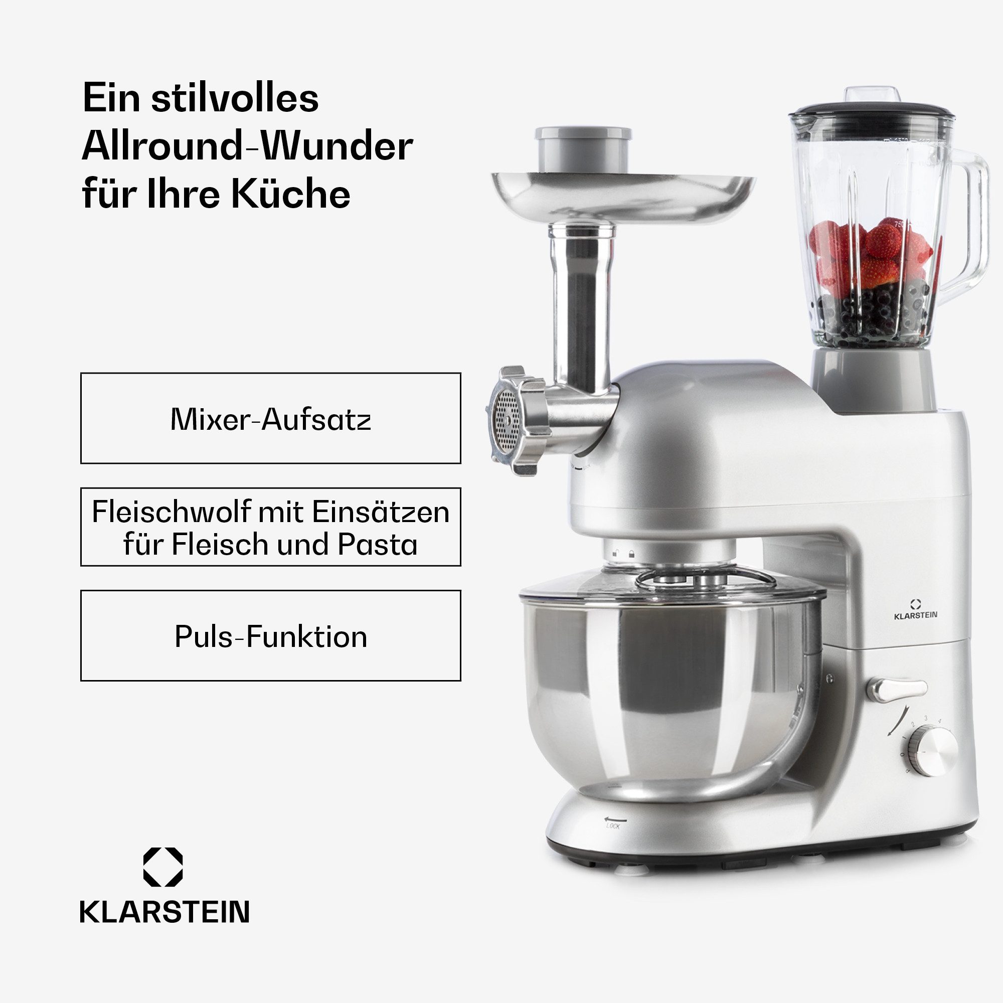 Klarstein Küchenmaschine mit Kochfunktion, 1800 W, 5.2 l Schüssel, Knetmaschine Teigmaschine Teigknetmaschine Rührmaschine Fleischwolf