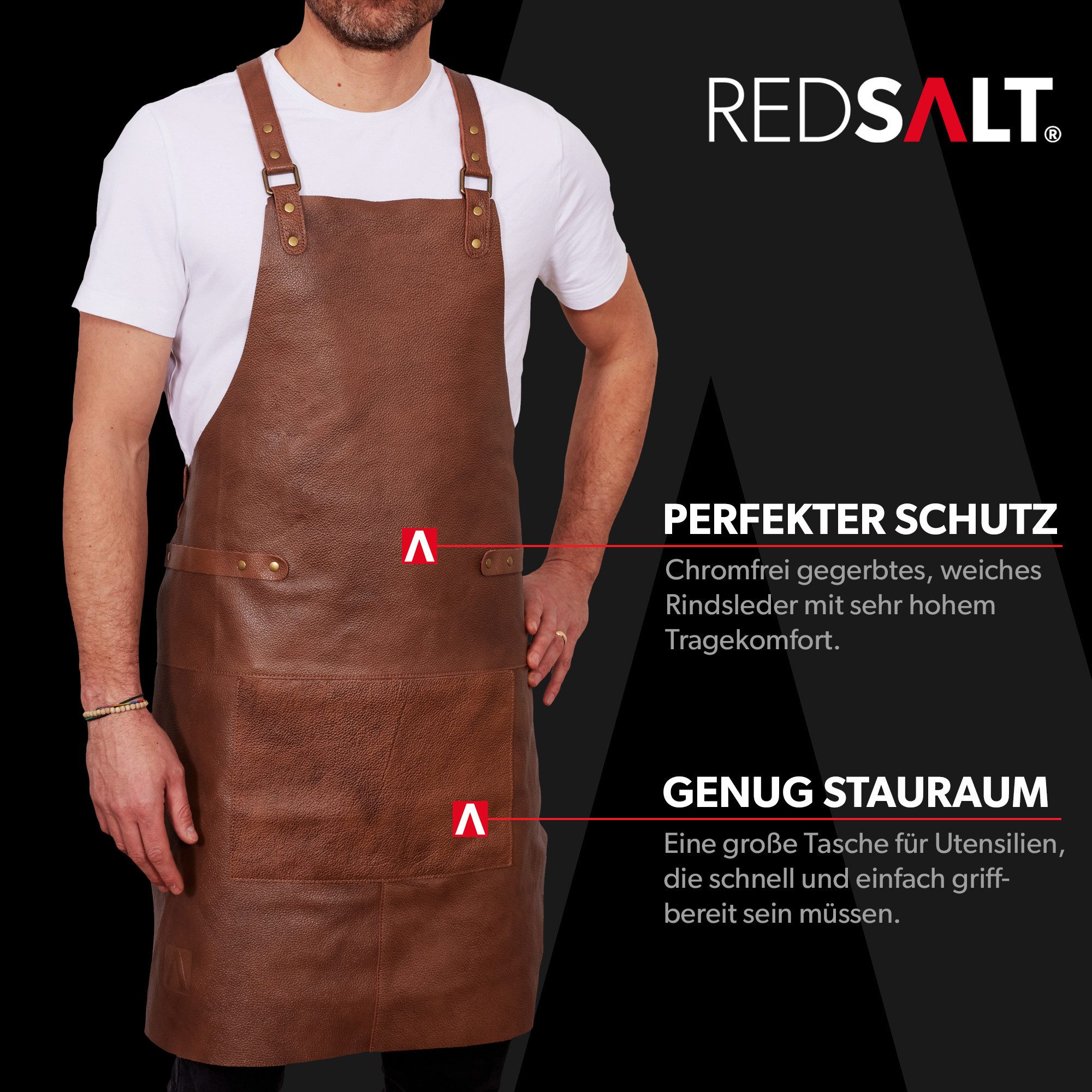 REDSALT® Grillschürze Premium Lederschürze 100% Rindsleder 84x62cm Crossback, Beidseitige Materialschlaufen, Frontasche, verstellbare Rückenträger