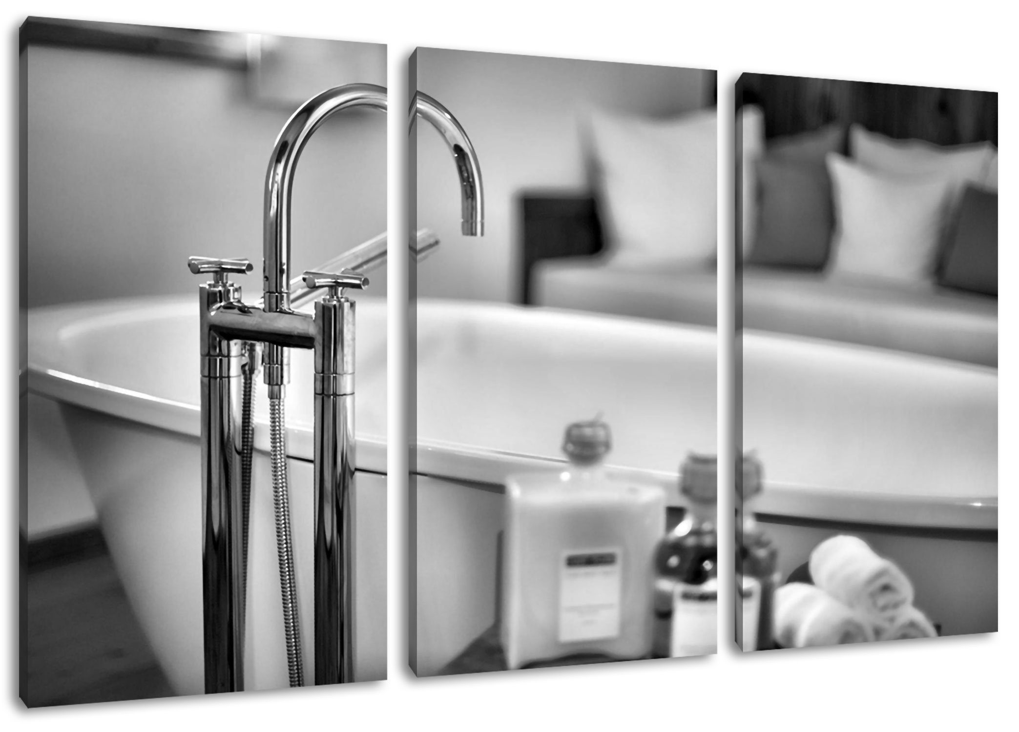 Pixxprint Leinwandbild stilvolle Badewanne, Badewanne (120x80cm) bespannt, 3Teiler (1 St), fertig Leinwandbild inkl. Zackenaufhänger stilvolle