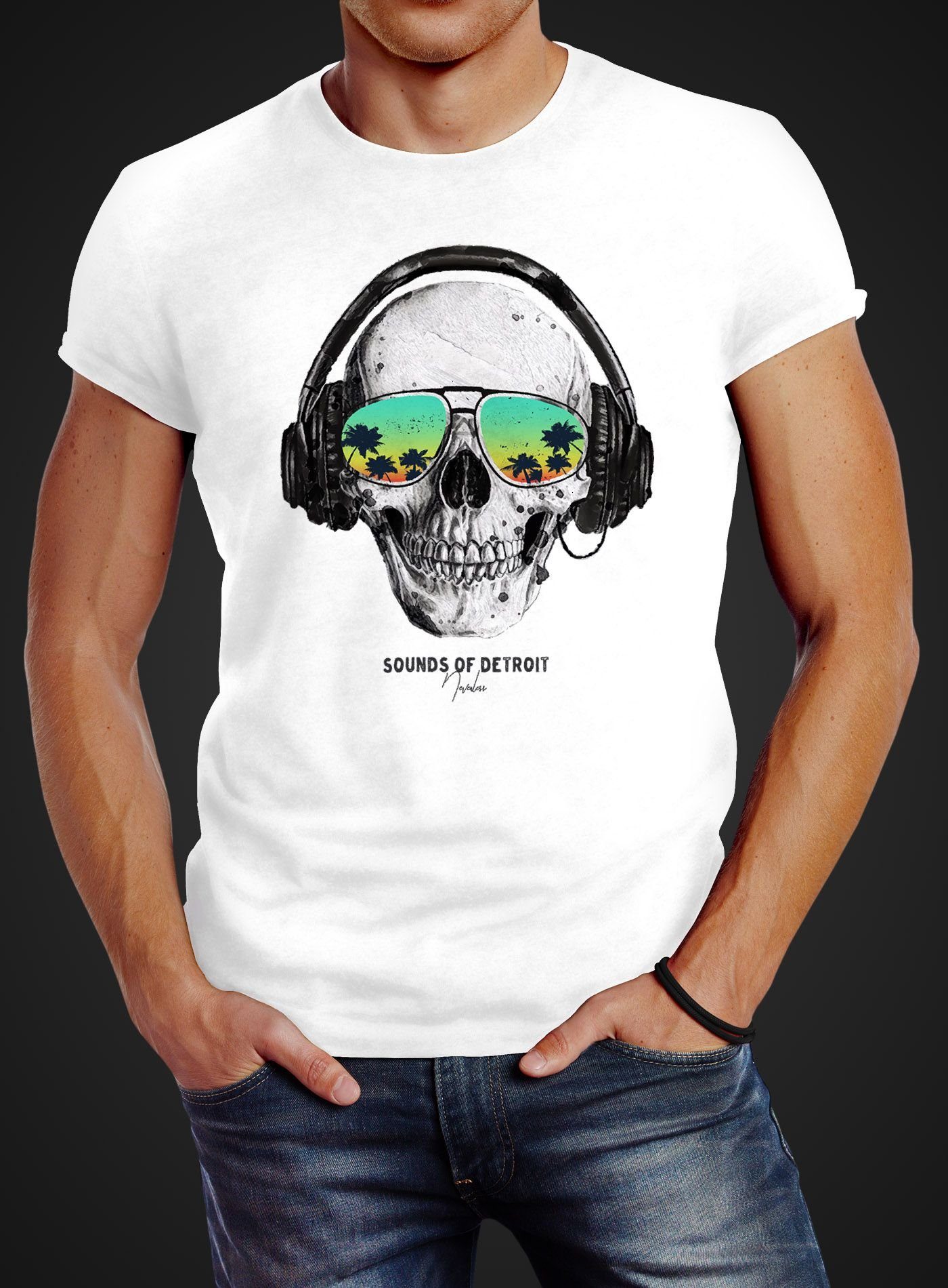 Neverless Slim weiß Musik Print T-Shirt mit Totenkopf Music Schädel Print-Shirt Detroit Skull Fit Neverless® of Party Sounds Sonnenbrille Herren Kopfhörer