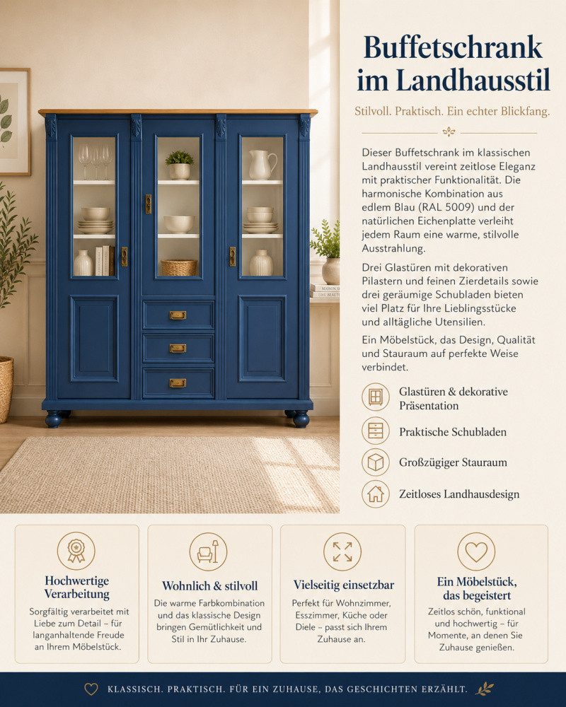 Wohnpalast Buffet Premium Jugendstil Vitrine aus Weichholz – Landhaus-Stil, Azurblau lac