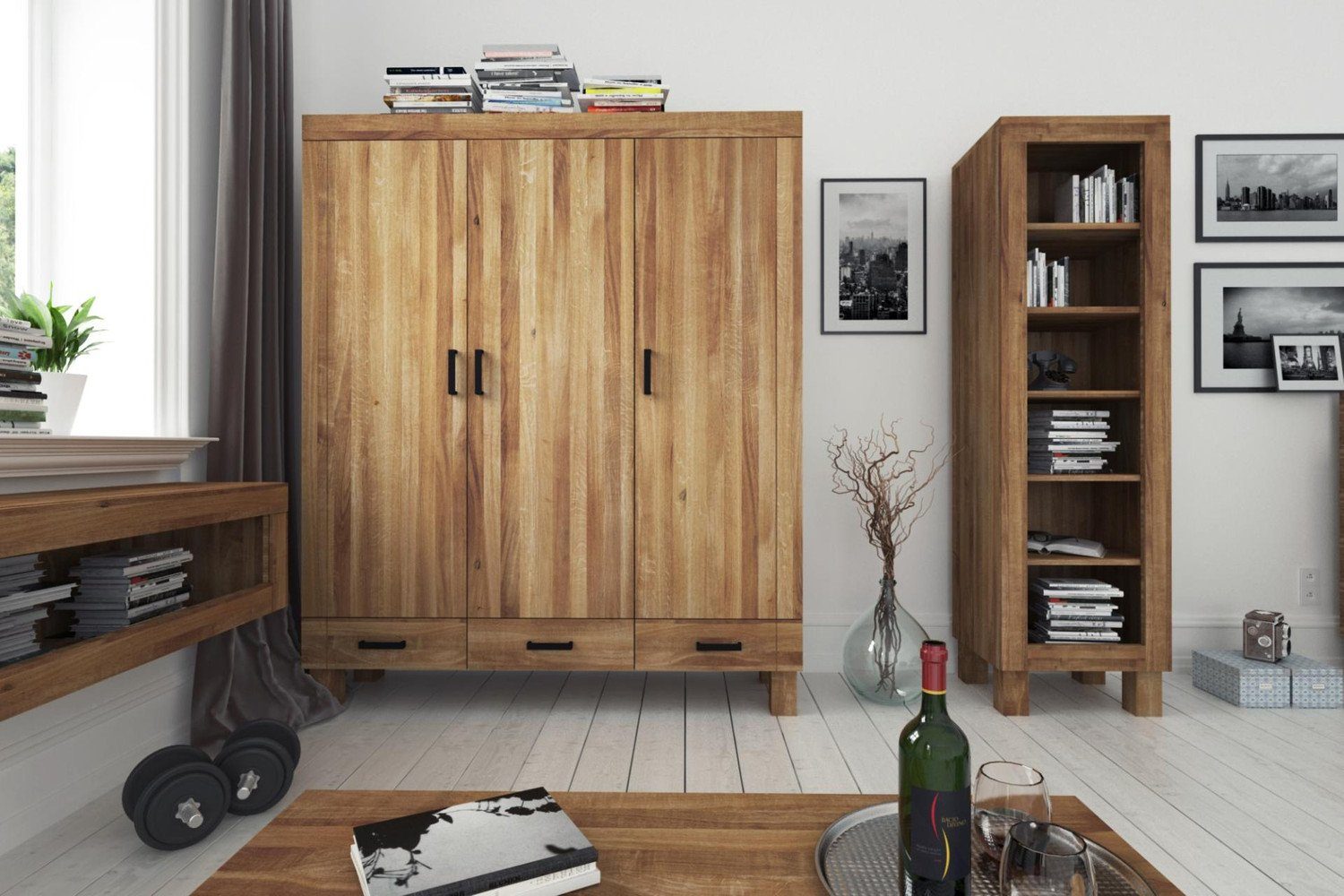 Natur24 Kleiderschrank Kleiderschrank Ringo Wildeiche 157x55x190 m. 3 Türen und 3 Schubladen