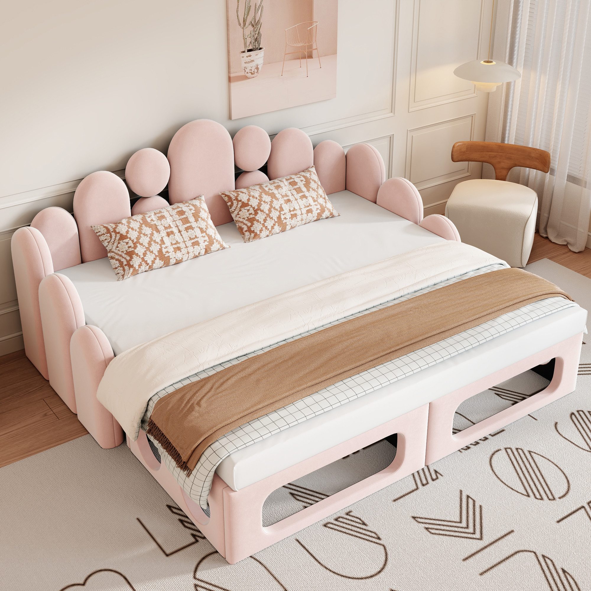 MODFU Schlafsofa Polsterbett 2-in-1, Weicher Samtstoff, Funktionsbett mit Lattenrost und Rückenlehne, Inkl. Haustierbett, ohne Matratze, Kinderbett 180x200 cm