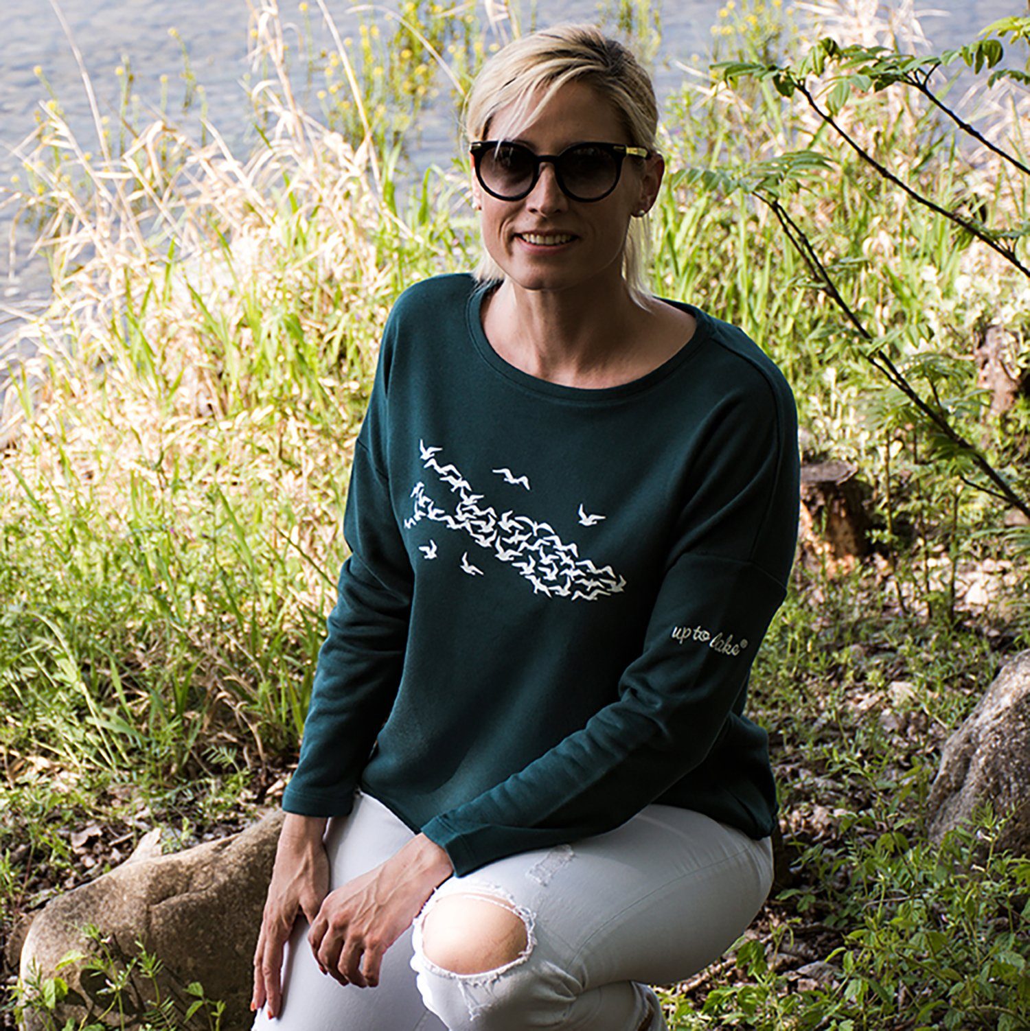 uptolake design Sweatshirt für "Mövensee-Bodensee" weichem Grün/Weiß Damen Design aus Baumwollstoff mit