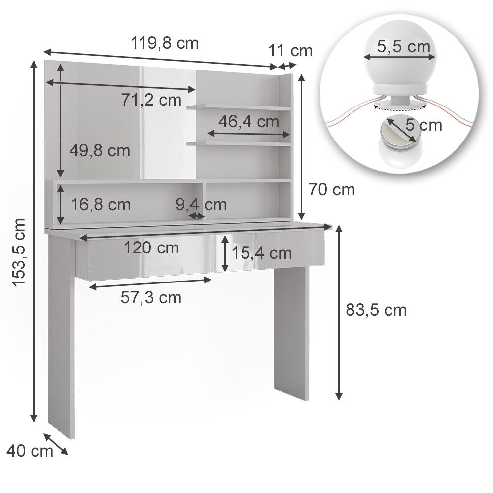 Vicco Schminktisch Azur, Weiß/Weiß Hochglanz, 120 cm mit LED Beleuchtung (2-St)