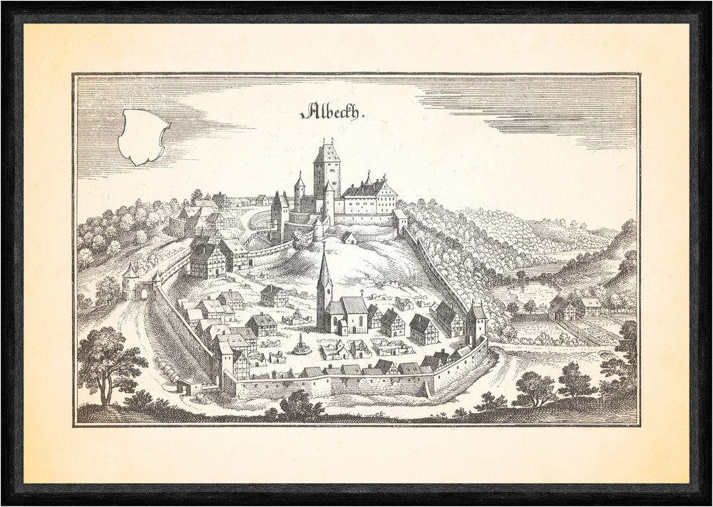 Kunstdruck Albeck Langenau Schloß Burgweiler Festung Stadtmauer Faks_Merian 0814