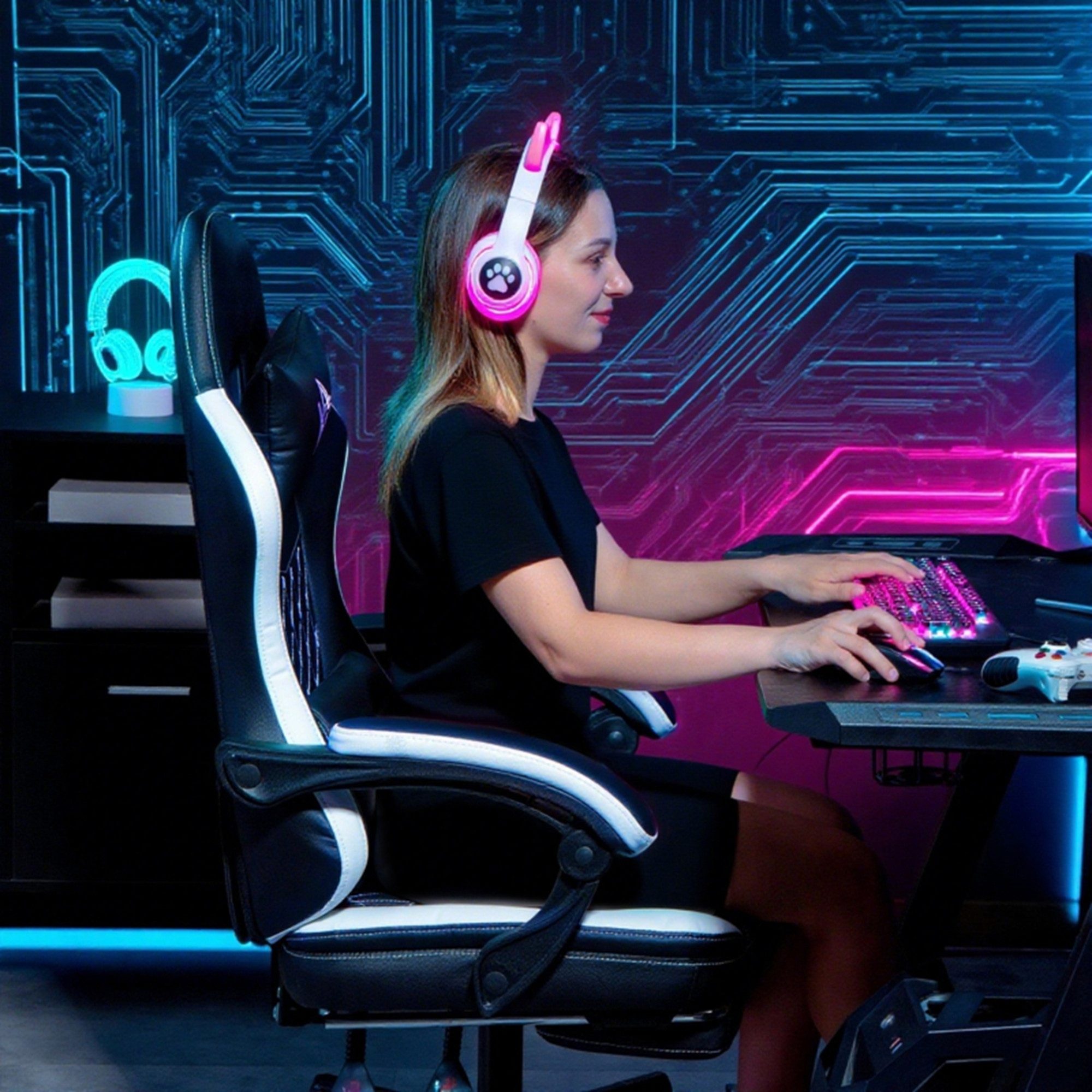 MC Star Gaming-Stuhl mit Fußstütze, Computerstuhl mit Kopfstütze & Kissen (Kunstleder-Bezug, drehbar, höhenverstellbar, Metall, Kunststoff, Schwarz+Weiß)