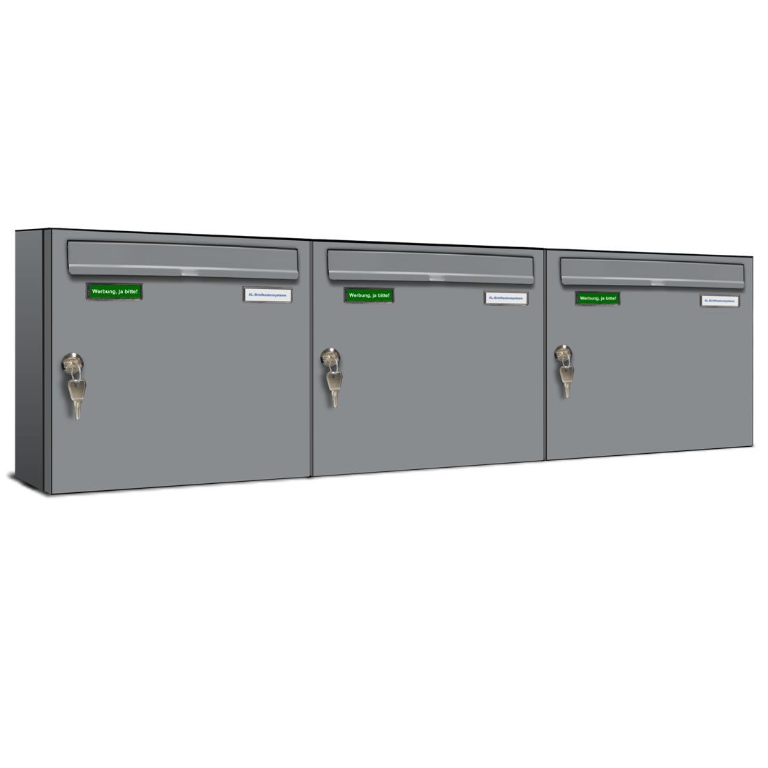 AL Briefkastensysteme Wandbriefkasten 3 Fach Basic Briefkasten A4 RAL Farbe 9006 Weiss Aluminium wetterfest