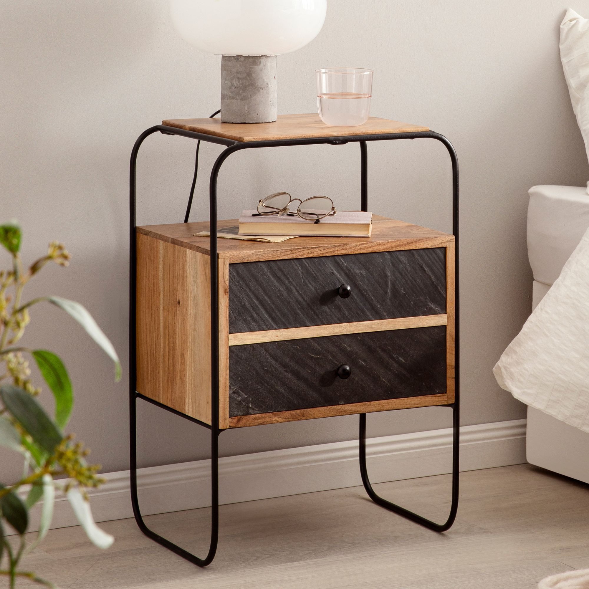 FINEBUY Nachttisch FB55691 Massivholz Steinoptik 2 Schubladen Nachtkommode Industrial (Akazie Massivholz Metall, 40x60x30cm Boxspringbett), Nachtkonsole Steinoptik, Design Nachtkommode