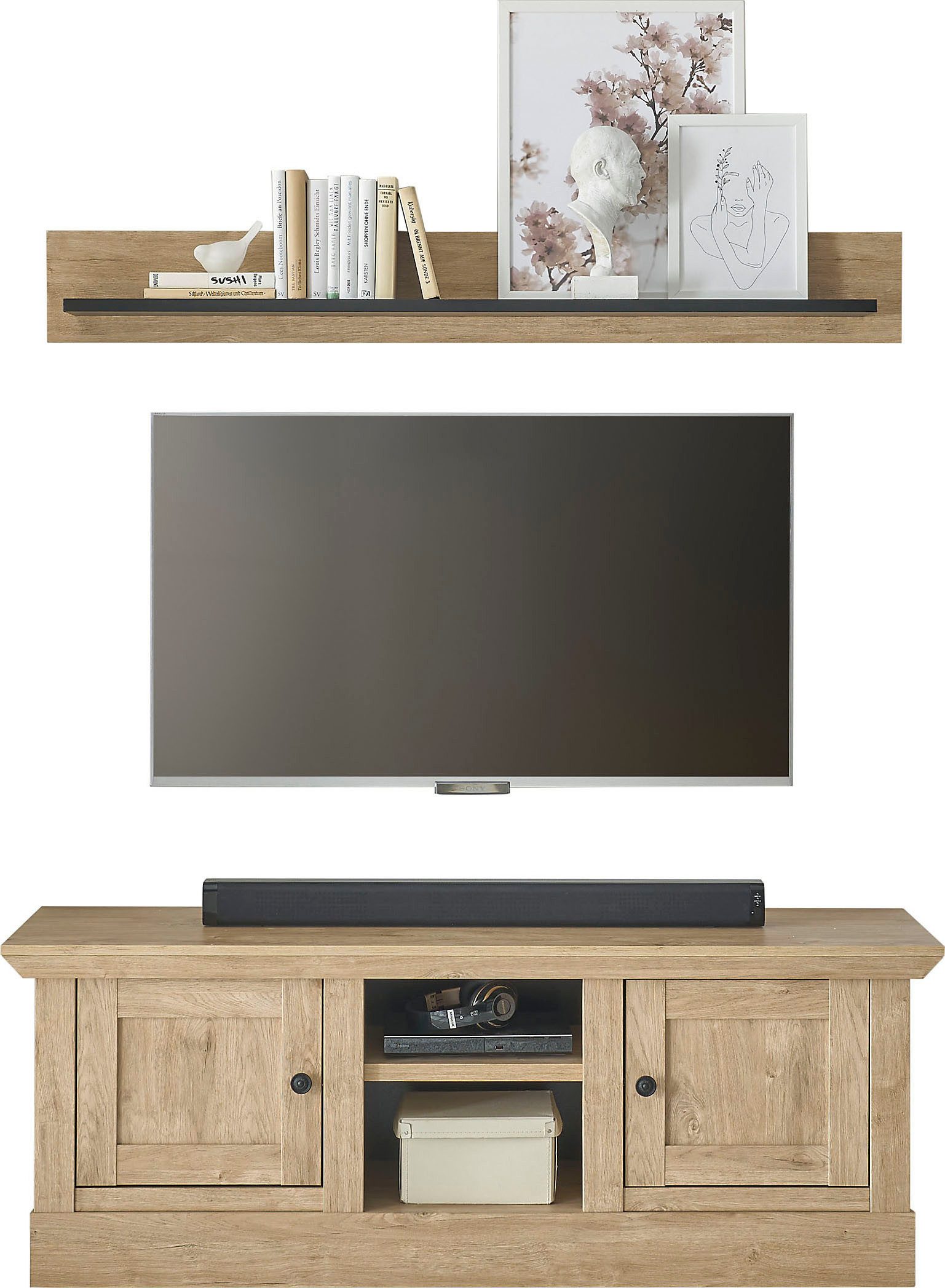 Home affaire Wohnwand Cornwall, Anbauwand im Landhausstil, Wohnzimmer-Set, Eiche Dekor, (Set, 2-St), enthält Lowboard, Wandboard, Eiche Dekor, 152 cm breit