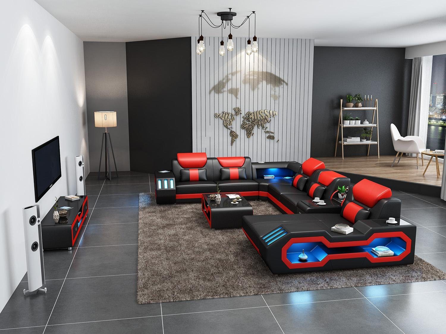 JVmoebel Wohnlandschaft U-förmige Sofagarnitur in Schwarz und Rot mit Couchtisch, Made in Europa