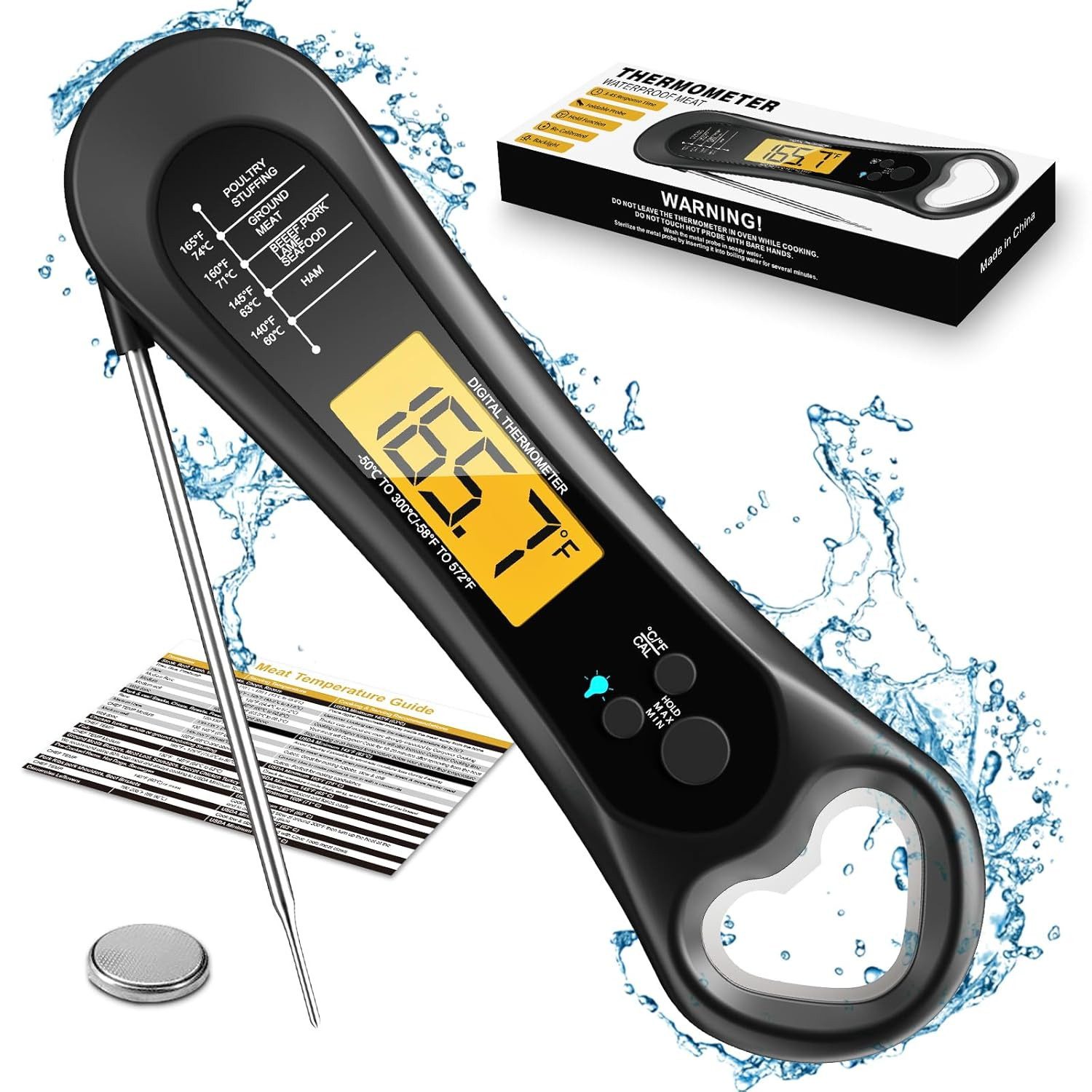 LIANNA Kühlschrankthermometer Digitales Fleischthermometer mit Sofortanzeige für Grillen und Kochen, Set 1-tlg., Küchengerät für Grillen, Truthahn, Süßigkeiten, Flüssigkeiten, Fleischthermometer mit Flaschenöffner, Beleuchtung und Kalibrierung