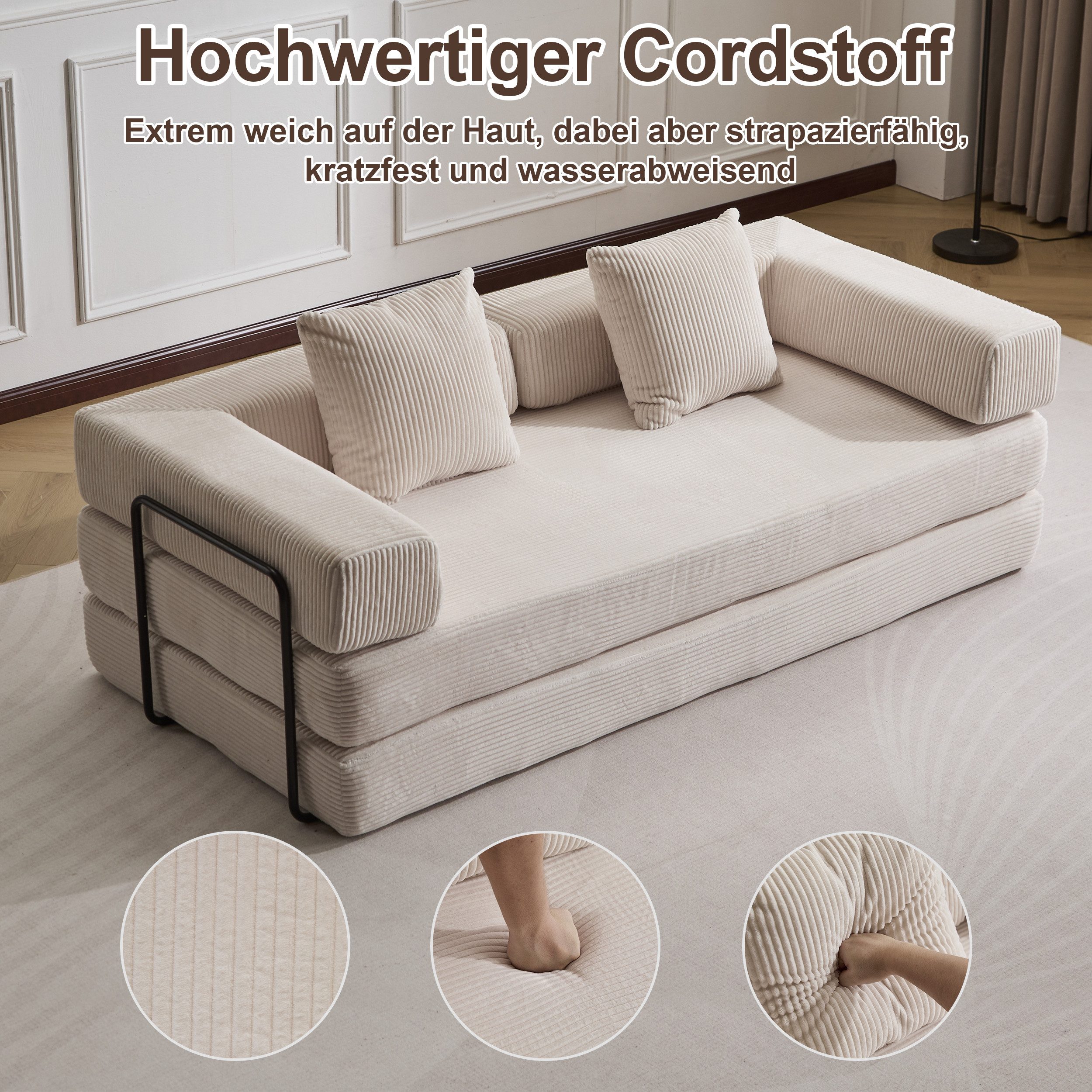 Leawin Loungesofa 4-in-1 Wohnzimmersofa mit Bettfunktion – faltbares Cord Schlafsofa, Bequemes & modernes Schlafsofa aus Cord – ideal für kleine Räume