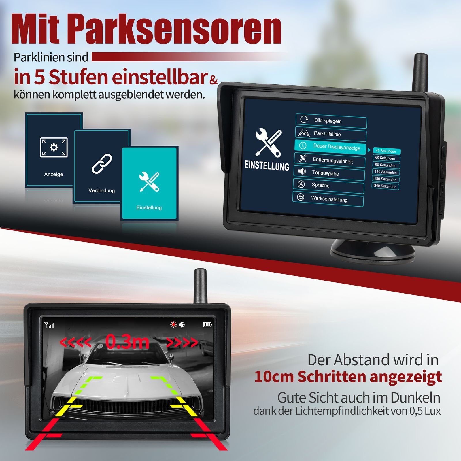 CARMATRIX Premium Solar 2 Rückfahrkamera (Auto Funk Video Solar Rückfahrsystem Nummernschild Kennzeichenhalter, mit 2 PDC Sensoren, Einparkhilfe mit Rückfahrkamera zum nachrüsten)