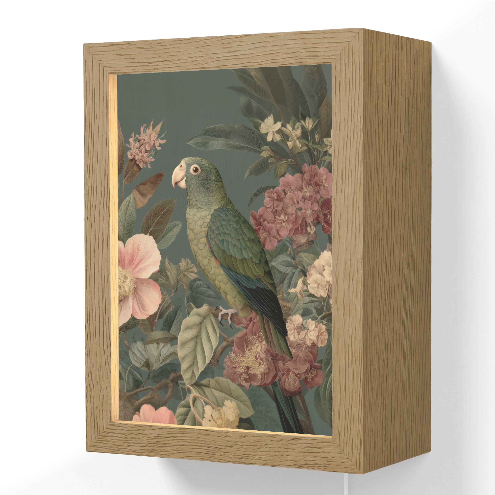 OnlyWow Wandleuchte Lightbox Grüner Papagei - Bunte Blumen - Dunkler Hintergrund, Dimmbar, Farbwechsel, LED, Warmweiß, Kaltweiß, Neutralweiß Einstellbar, Wandlampe Innen, Dimmbar, mit Kabel, LED, Beleuchtung, Wohnzimmer